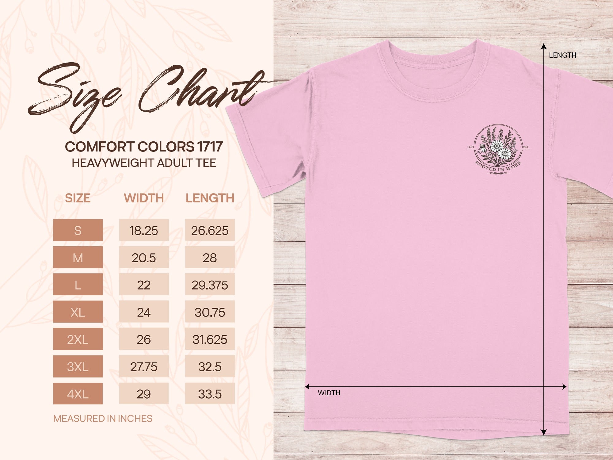 Comfort Colors 1717 heavyweight adult tee size chart with width and length measurements in inches.