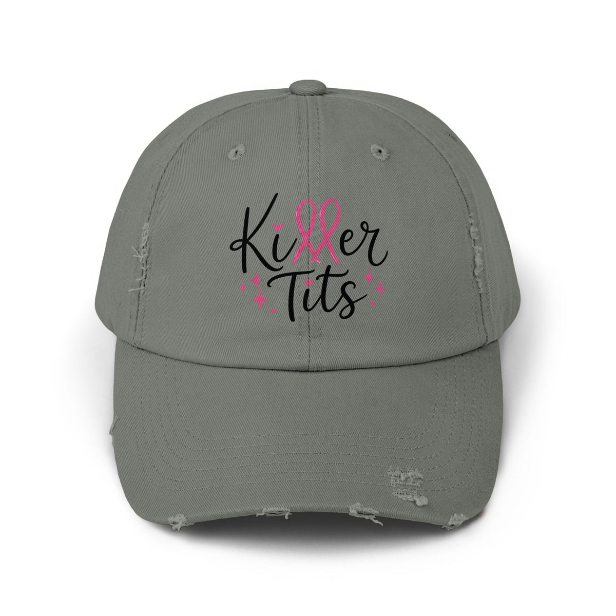 Distressed grey baseball cap with "Killer Tits" and a pink ribbon design.