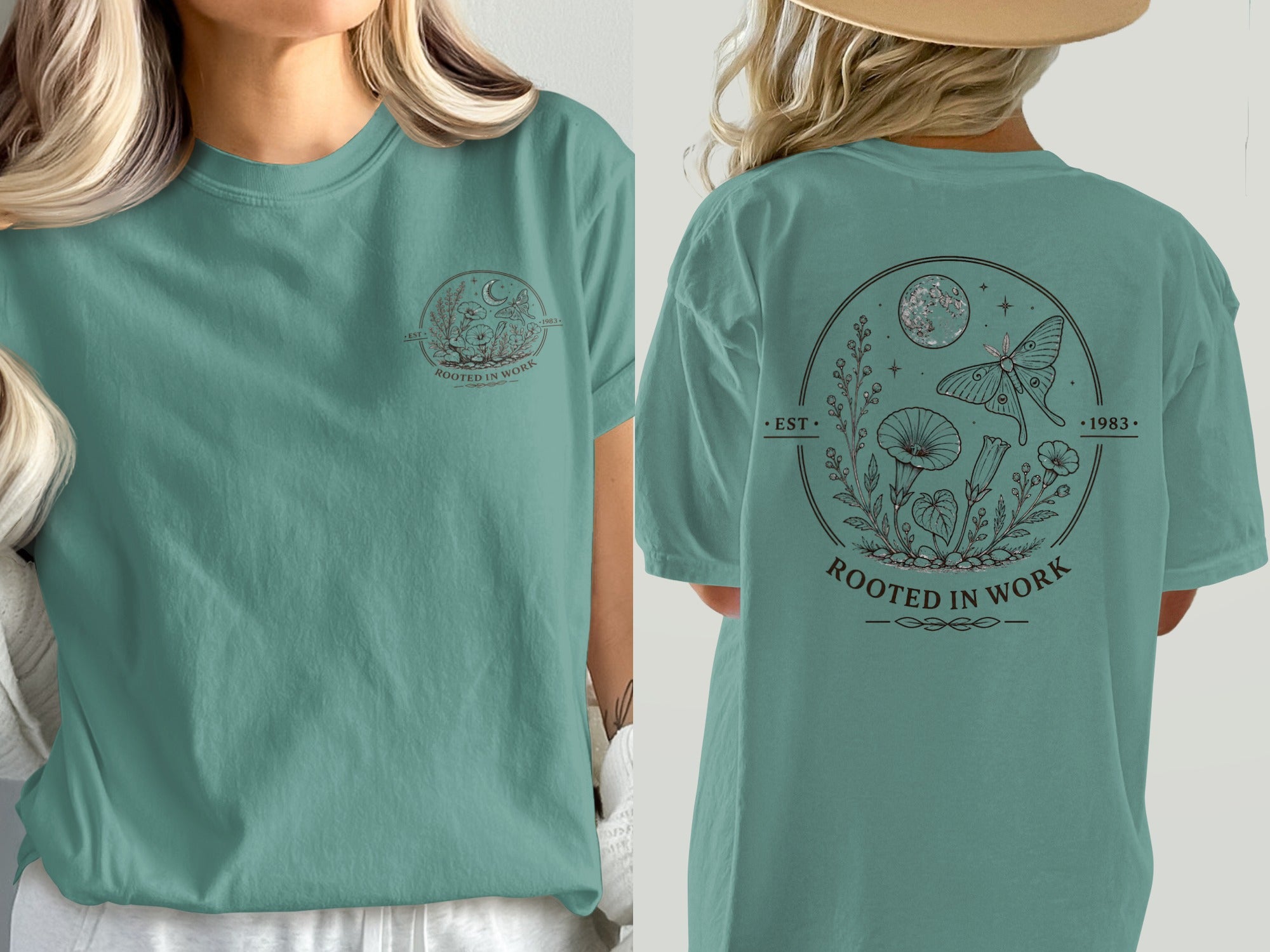 Green t-shirt with "Rooted in Work" circular design featuring moon, moth, and plants.