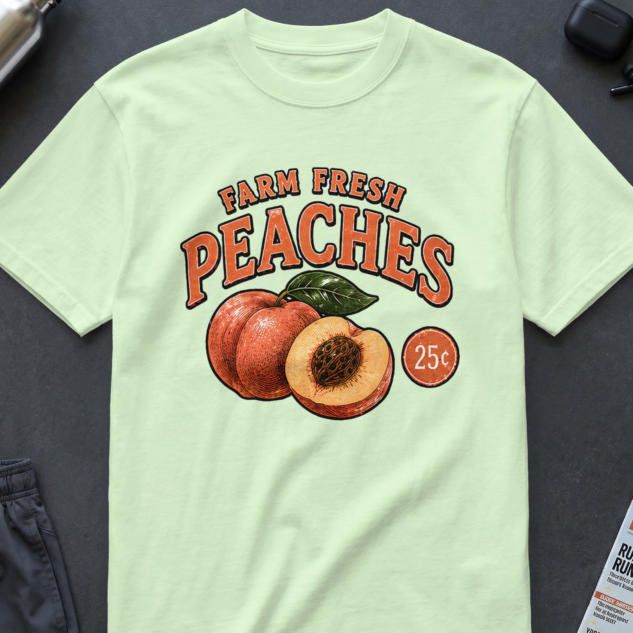 Light green t-shirt with "Farm Fresh Peaches" and 25 cent peaches graphic.