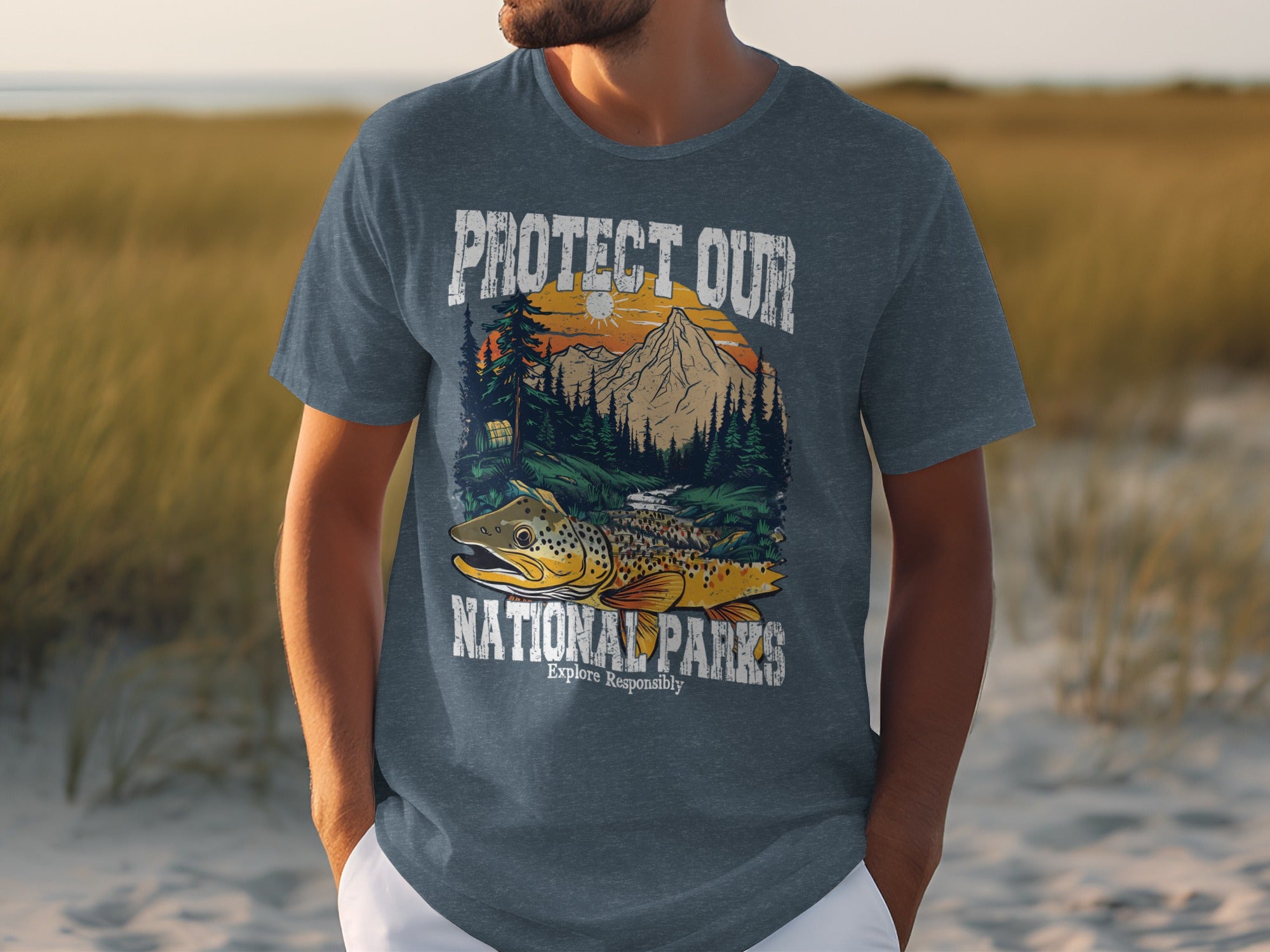 T-shirt graphic: "Protect Our National Parks" with a trout and mountain landscape.