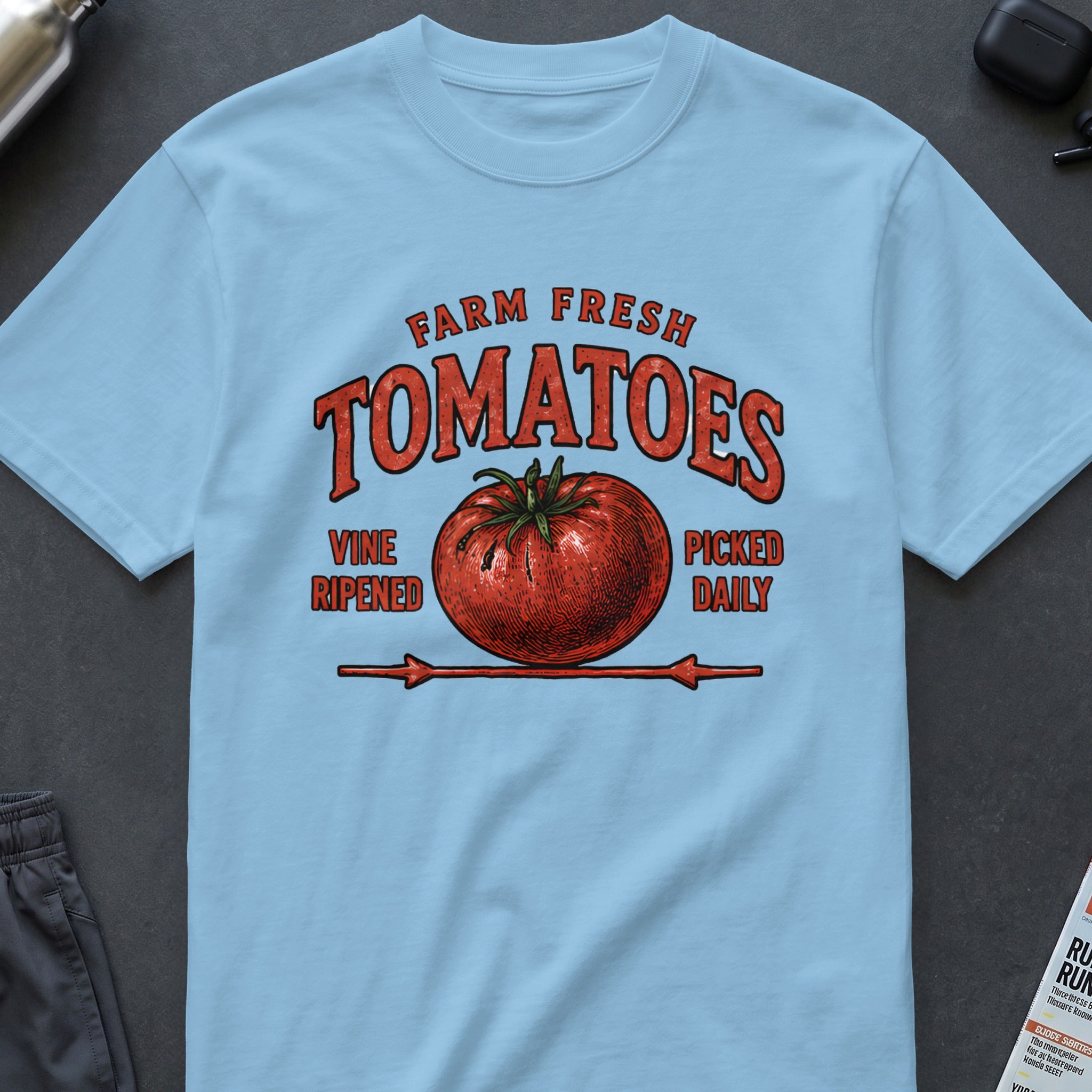 Light blue t-shirt with "Farm Fresh Tomatoes" text and a tomato graphic.