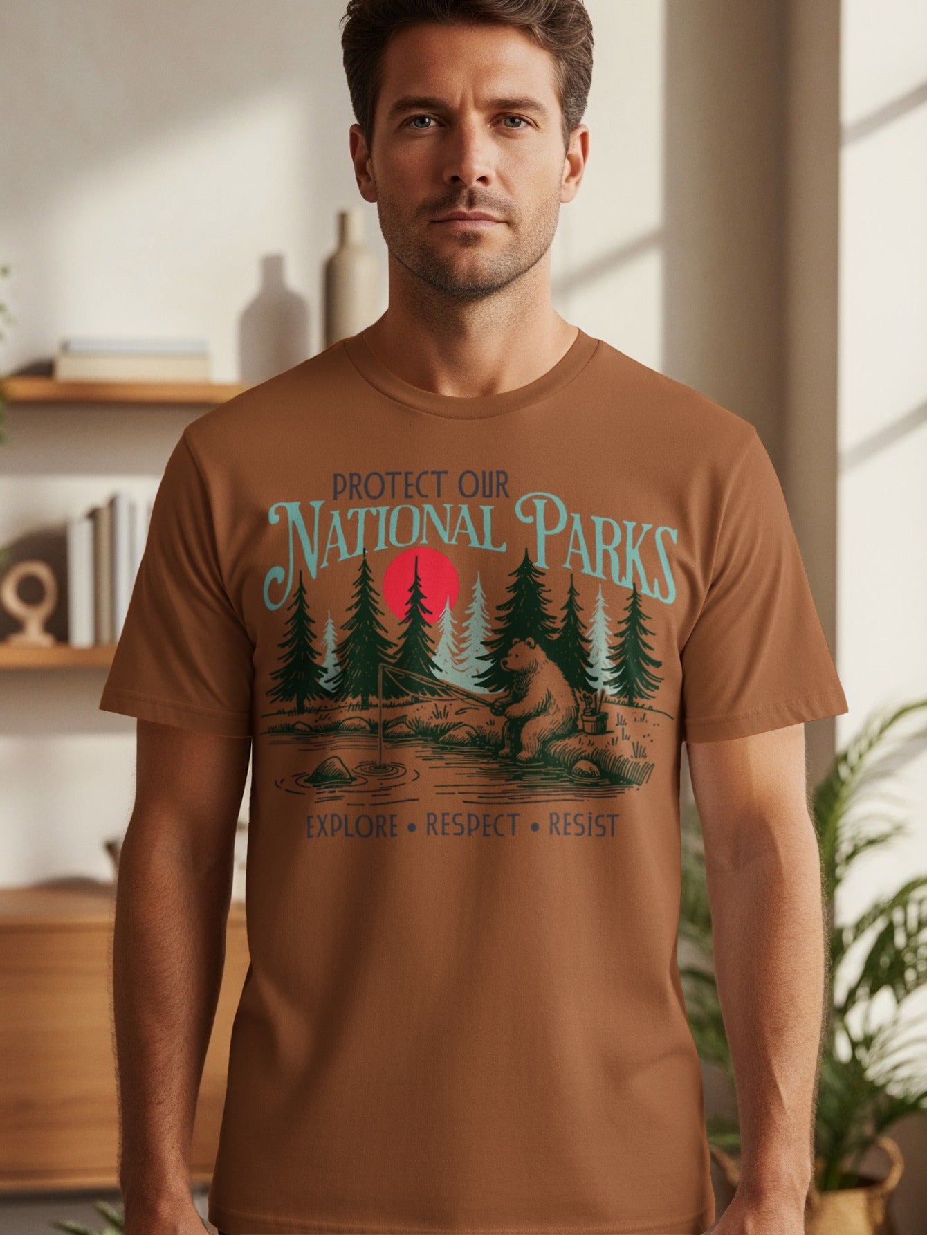 Brown t-shirt with "Protect Our National Parks" and a bear fishing.