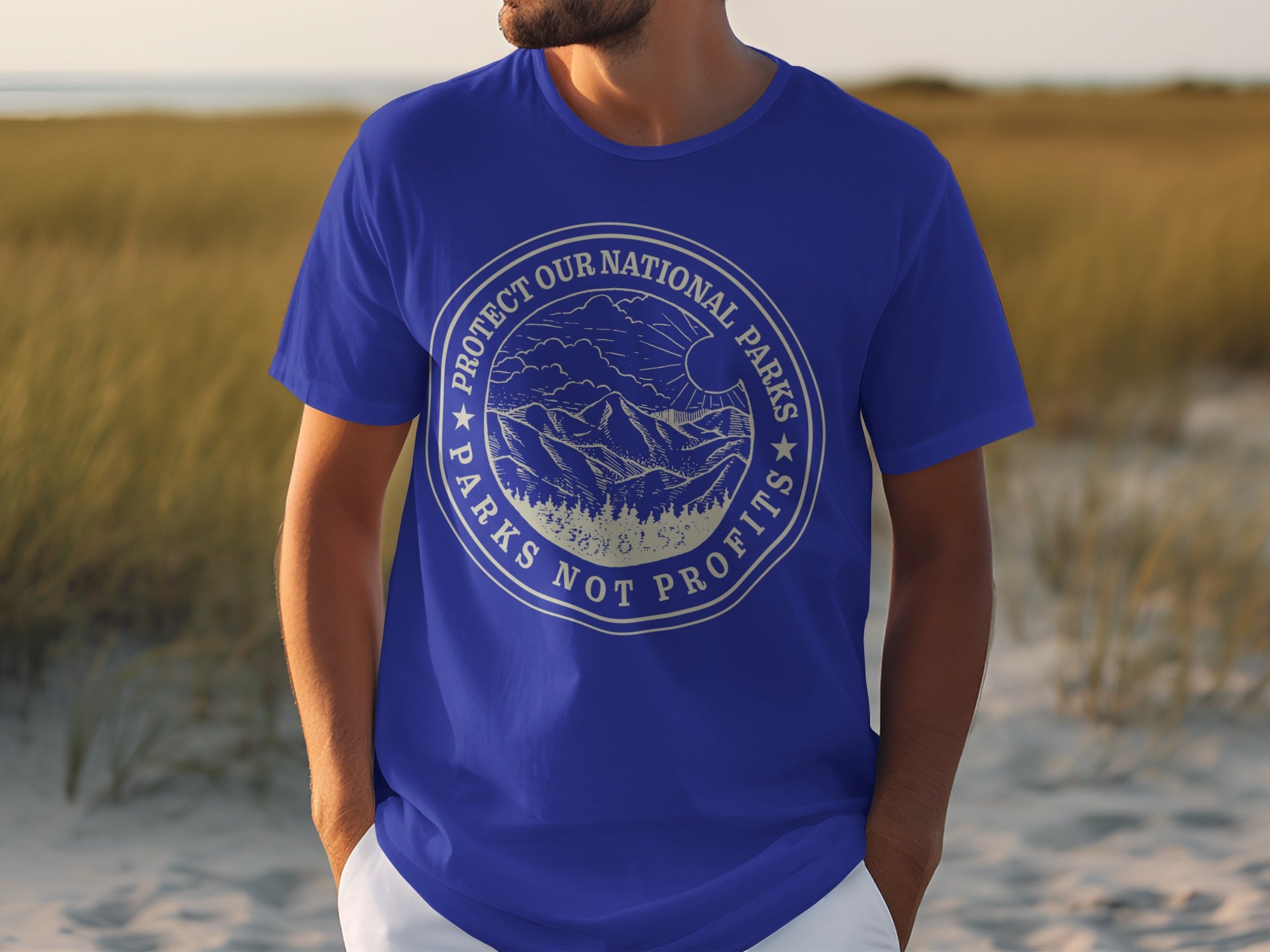 T-shirt with "Protect Our National Parks Not Profits" graphic on chest.
