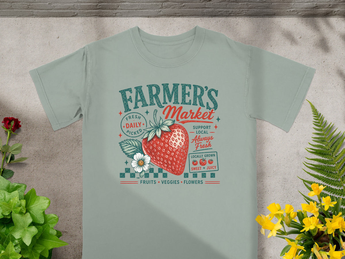 T-shirt with "Farmer's Market" text, strawberry, fruits, veggies, flowers graphics.