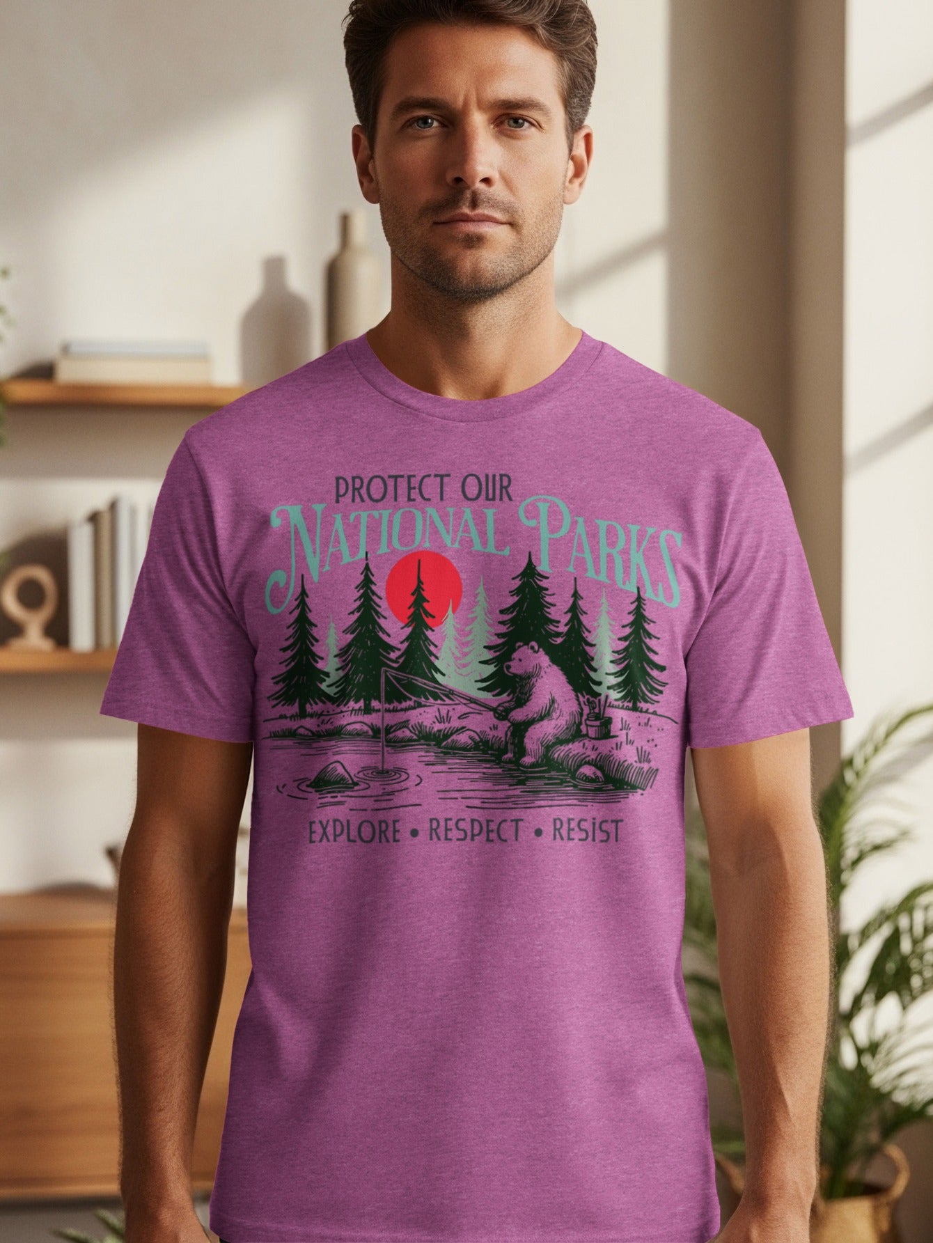 Protect Our National Parks graphic with bear fishing and text: Explore Respect Resist