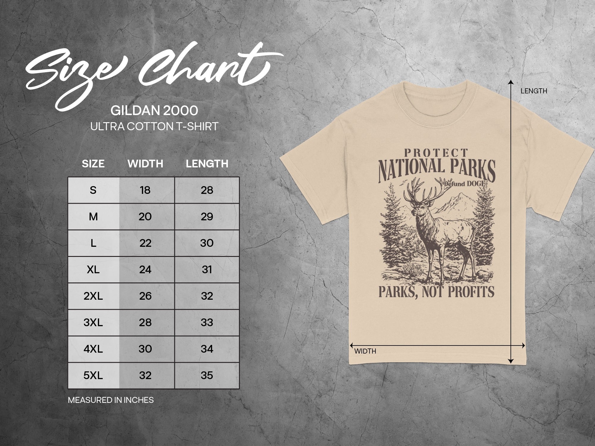 Gildan 2000 Ultra Cotton T-shirt size chart with width and length measurements.