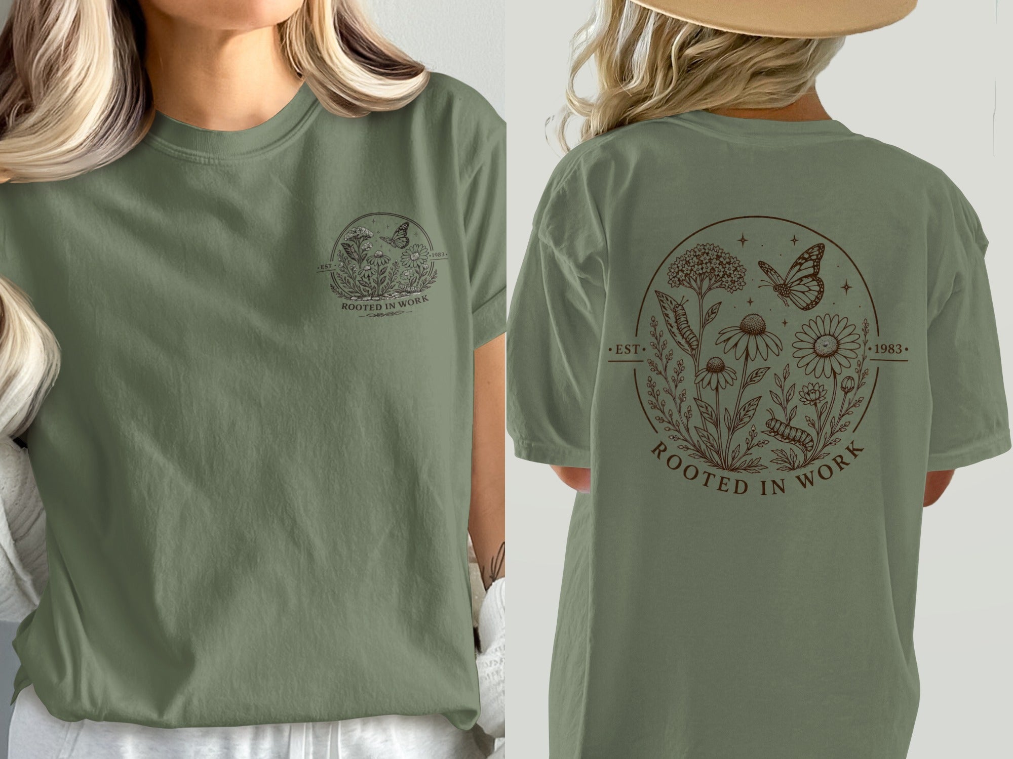 Olive green t-shirt with circular nature graphic and text "Rooted in Work".