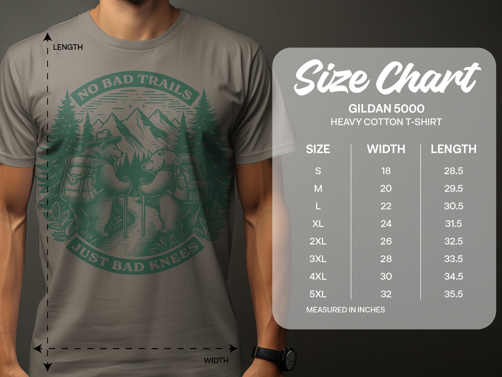 Gildan 5000 t-shirt size chart displaying width and length measurements in inches.
