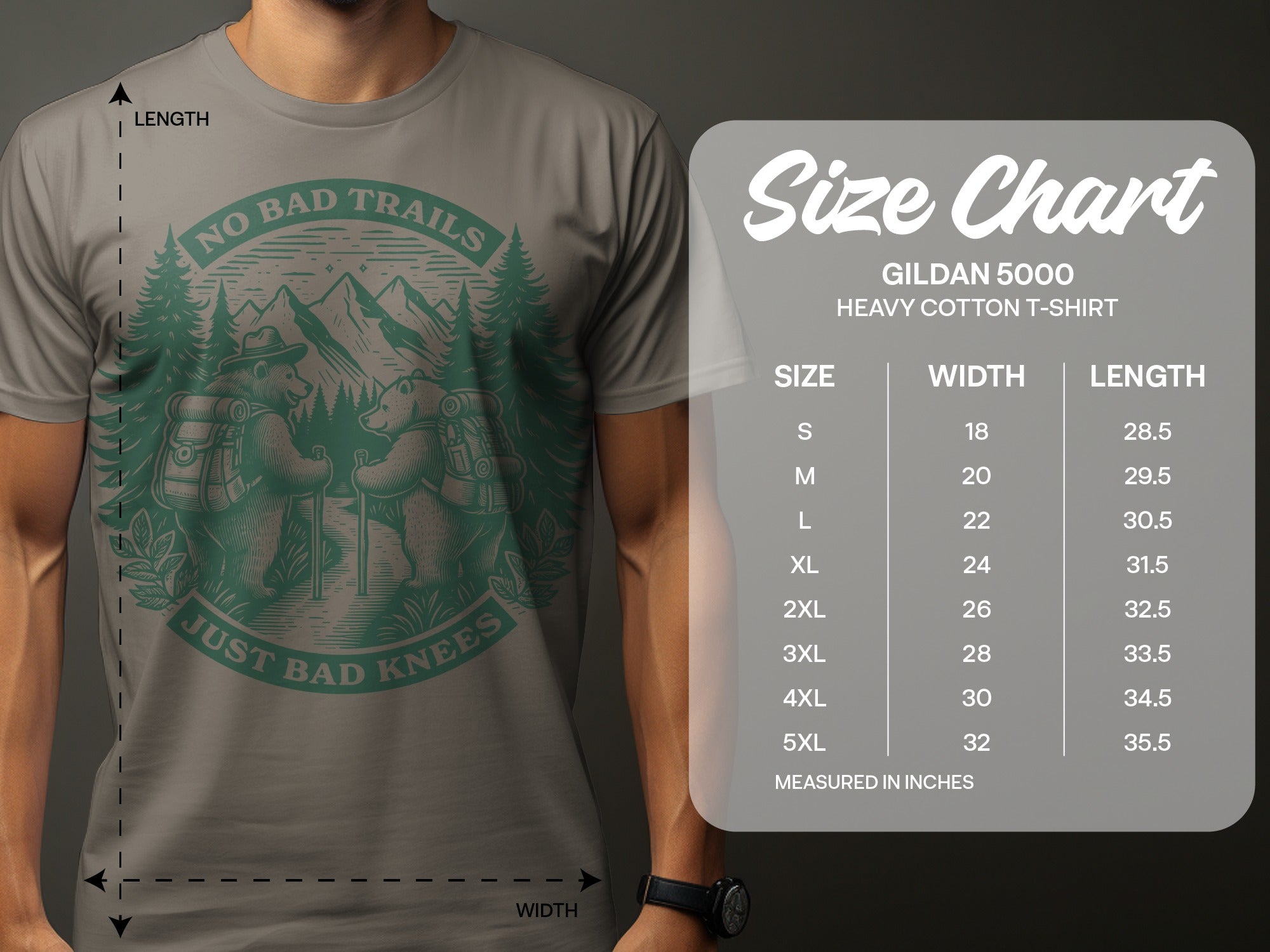 Gildan 5000 t-shirt size chart displaying width and length measurements in inches.