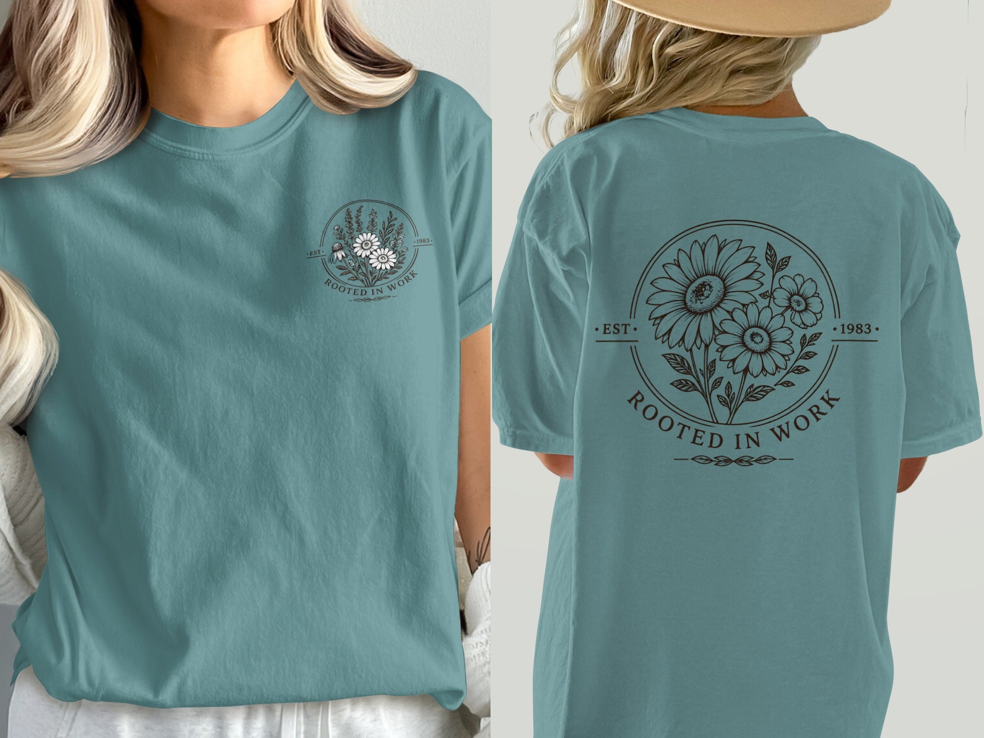 Teal t-shirt with floral graphic and "Rooted in Work" text.