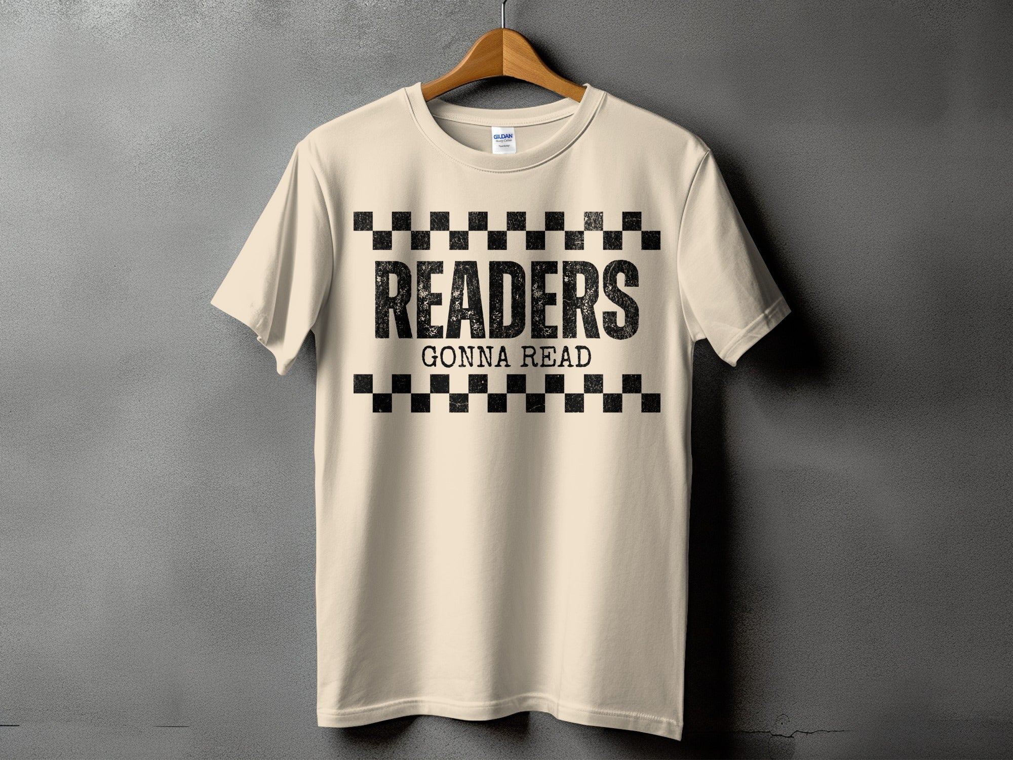 Cream t-shirt with black distressed text "READERS GONNA READ".