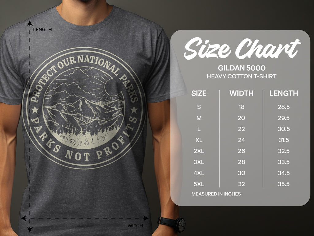 T-shirt size chart for Gildan 5000 heavy cotton t-shirt including width and length measurements.
