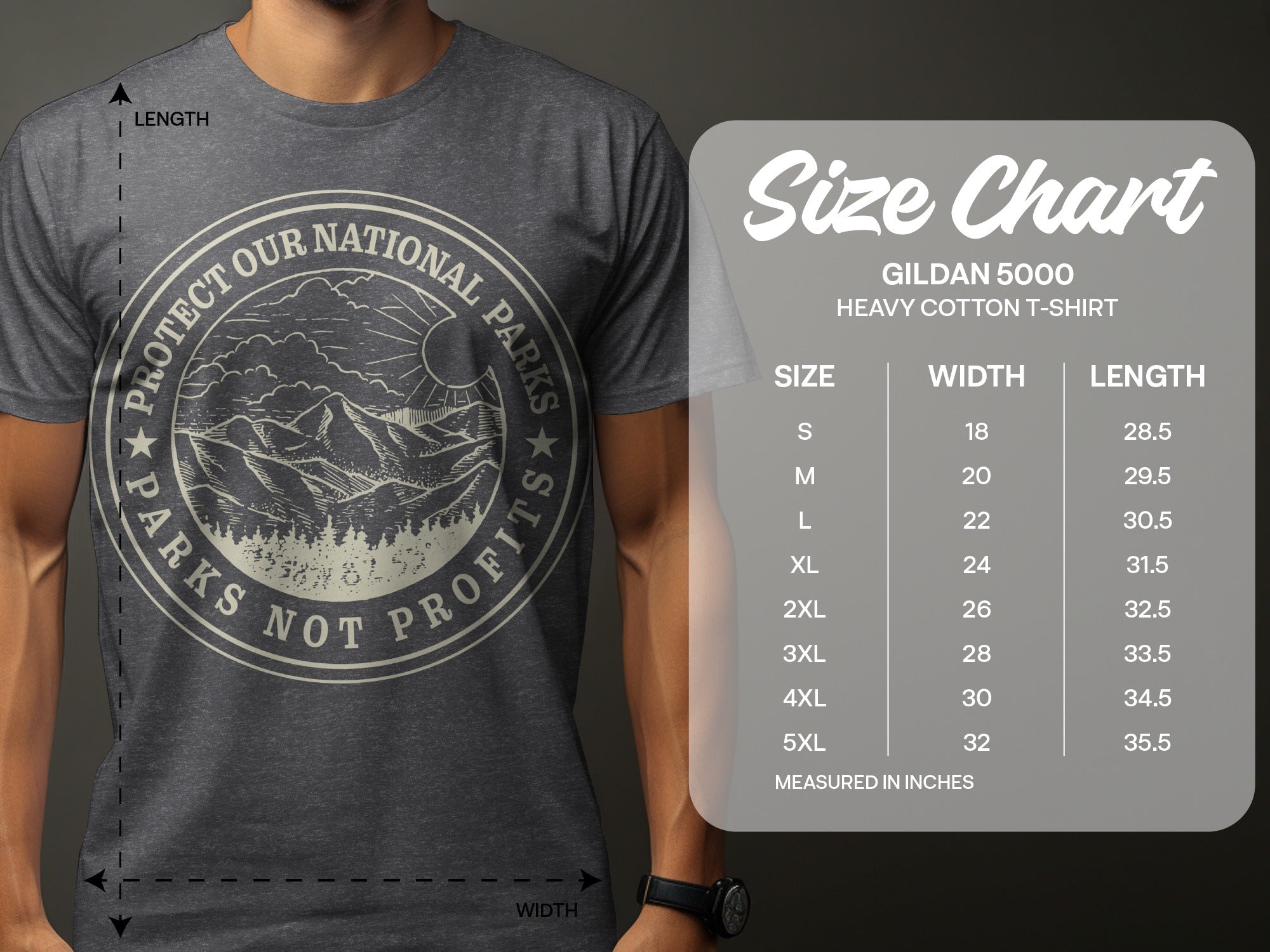 T-shirt size chart for Gildan 5000 heavy cotton t-shirt including width and length measurements.
