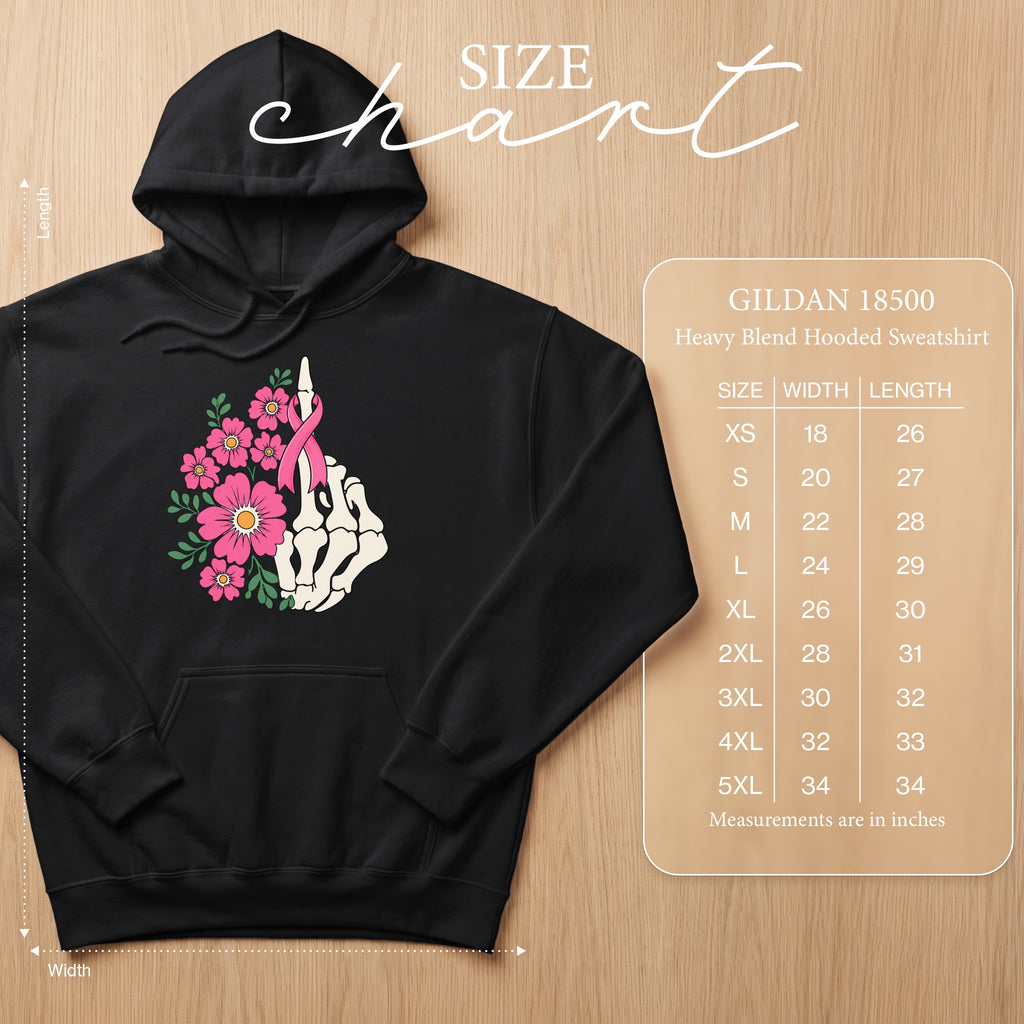 Black Gildan 18500 hoodie with skeleton hand and pink flowers, size chart provided.