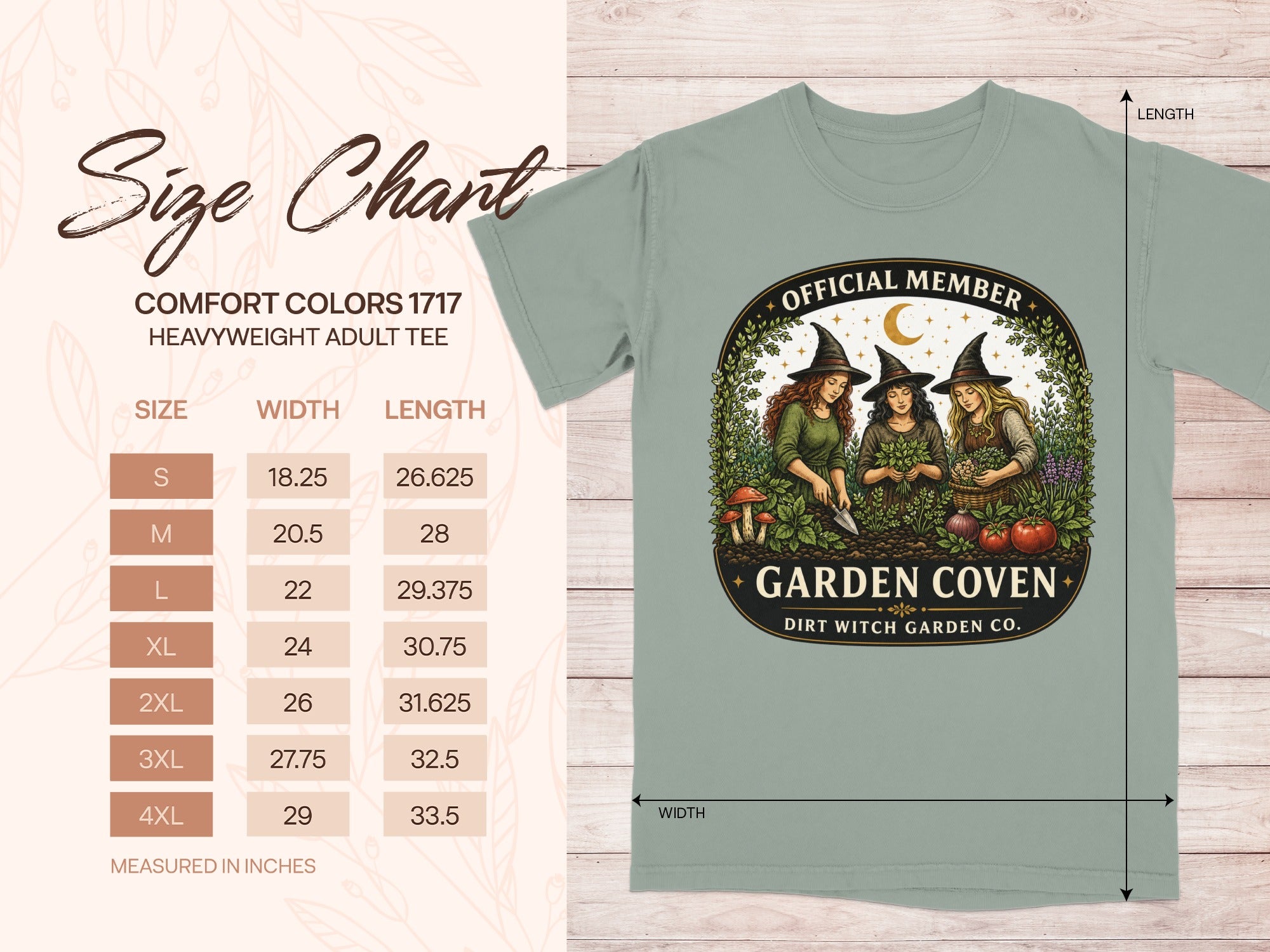 Comfort Colors 1717 size chart with measurements and a "Garden Coven" graphic.