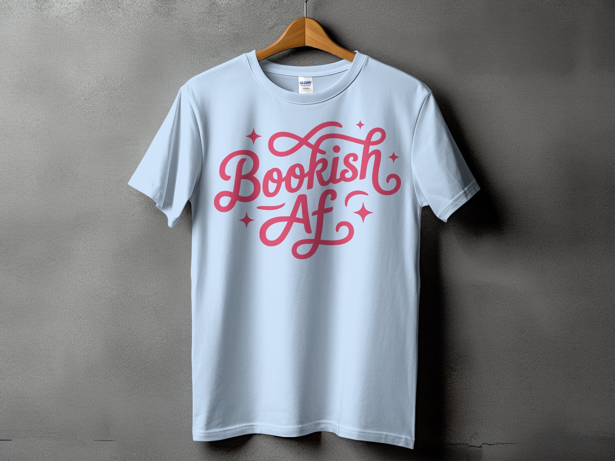 Light blue t-shirt with pink "Bookish Af" text and stars.