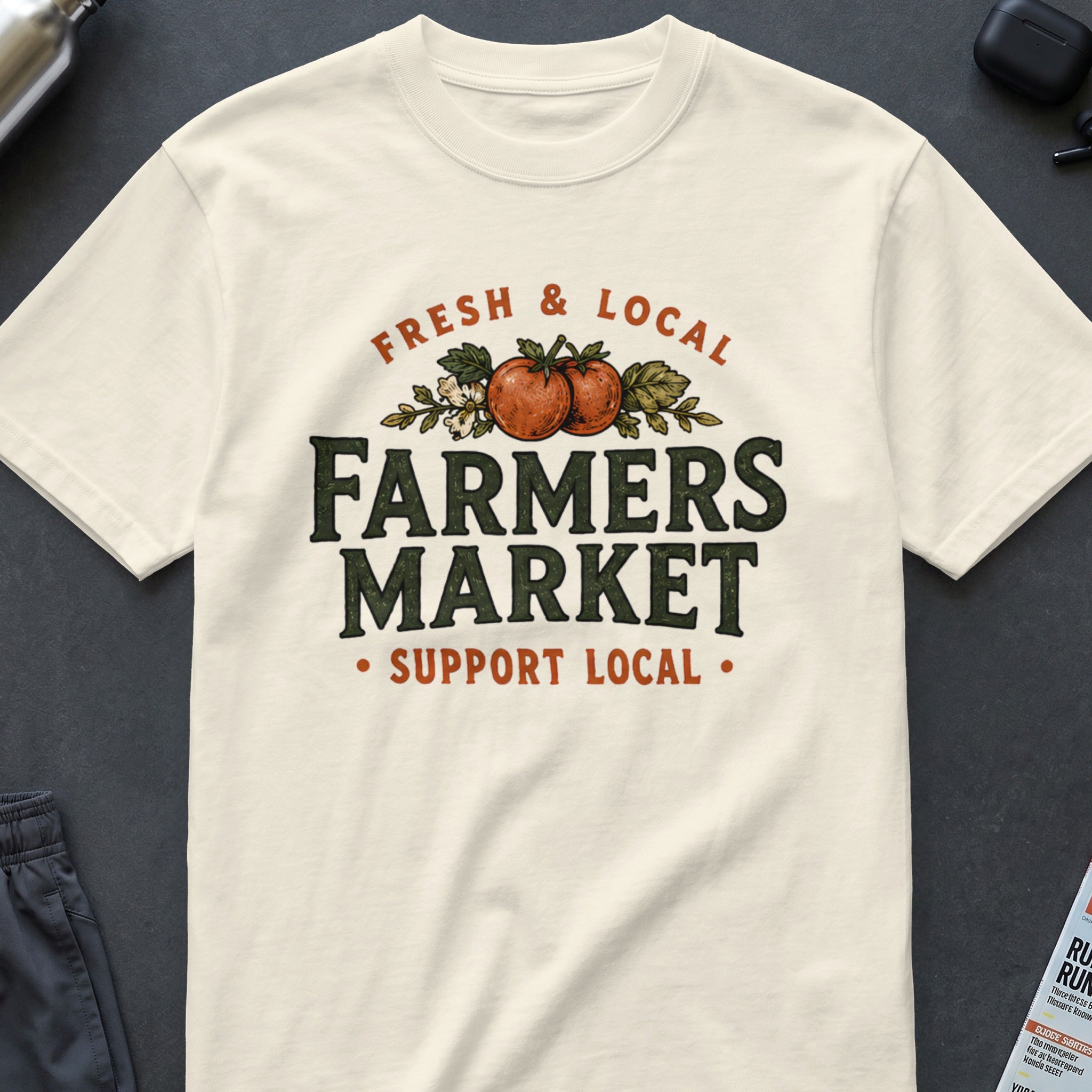 Cream t-shirt with "FRESH & LOCAL FARMERS MARKET SUPPORT LOCAL" text and graphics.