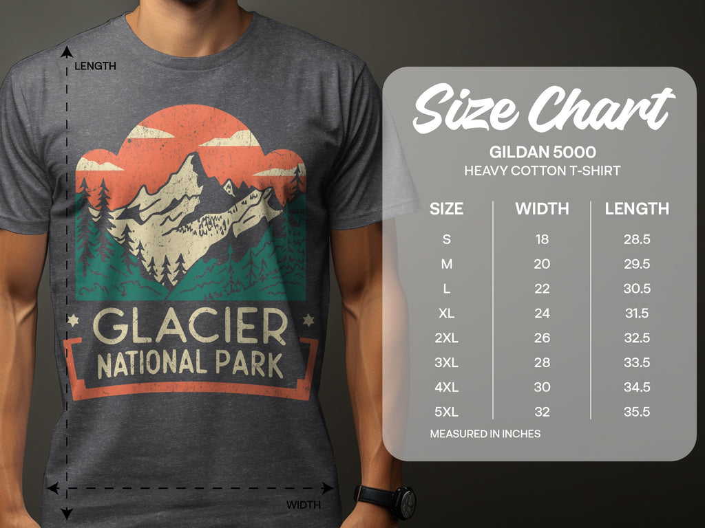 Glacier National Park t-shirt with size chart showing width and length measurements.