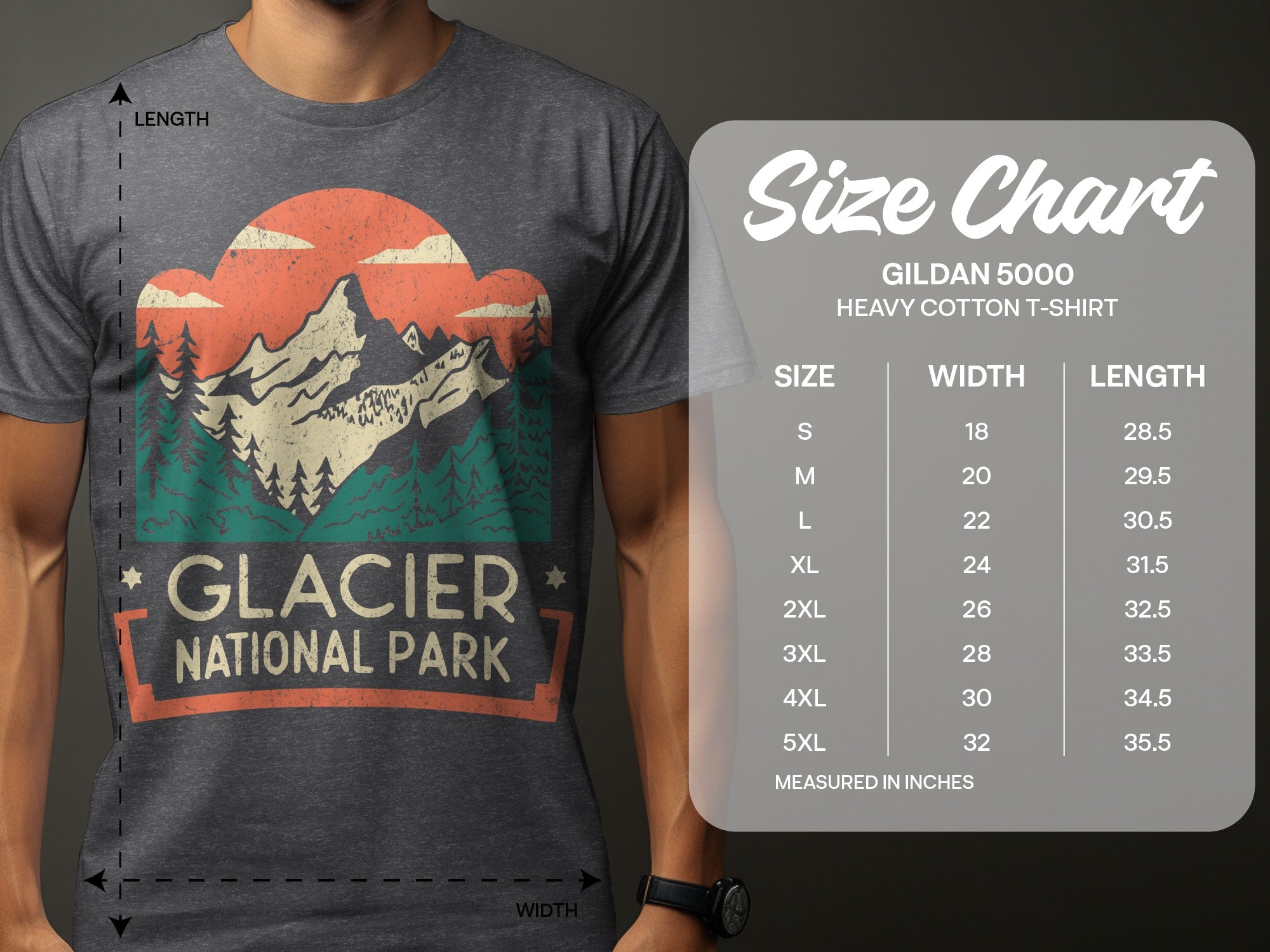 Glacier National Park t-shirt with size chart showing width and length measurements.