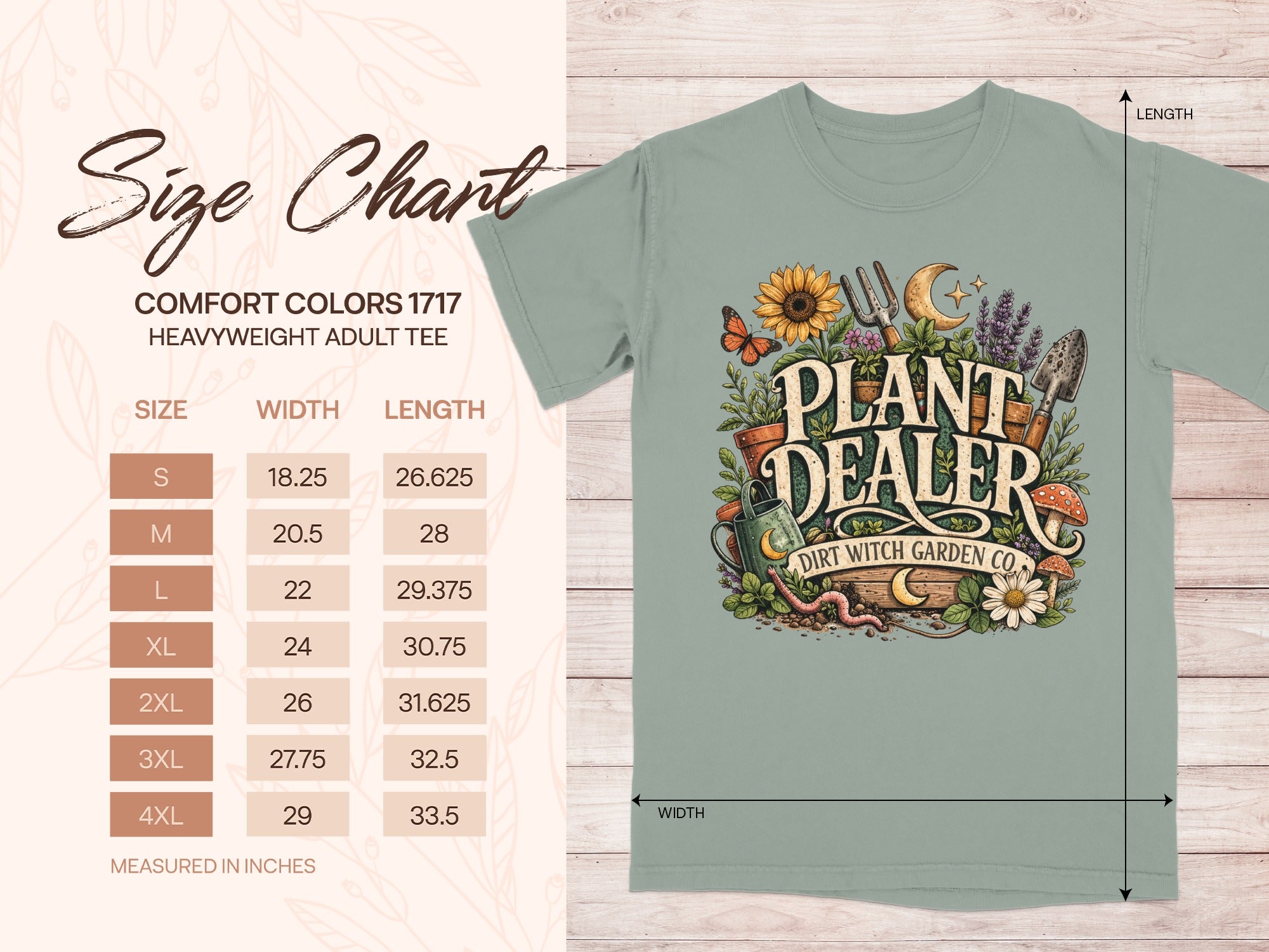 Comfort Colors 1717 heavyweight adult tee size chart with chest width and length, and "Plant Dealer" graphic.