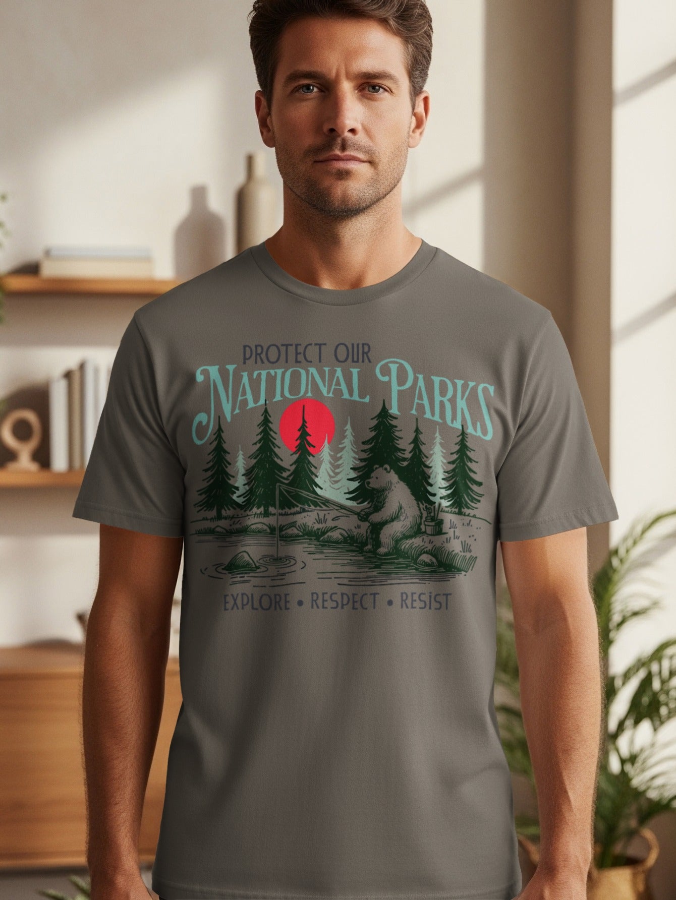 T-shirt graphic: "Protect Our National Parks" with bear fishing, trees, and red sun.