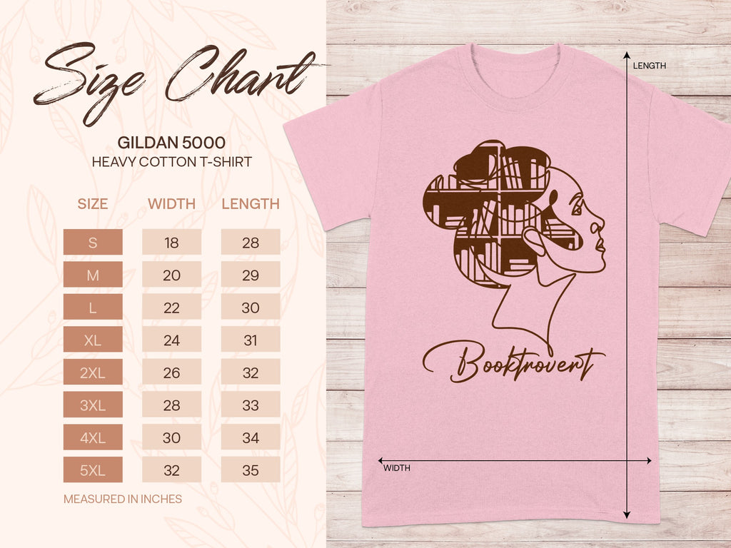 Gildan 5000 Heavy Cotton t-shirt size chart with "Booktrovert" graphic.