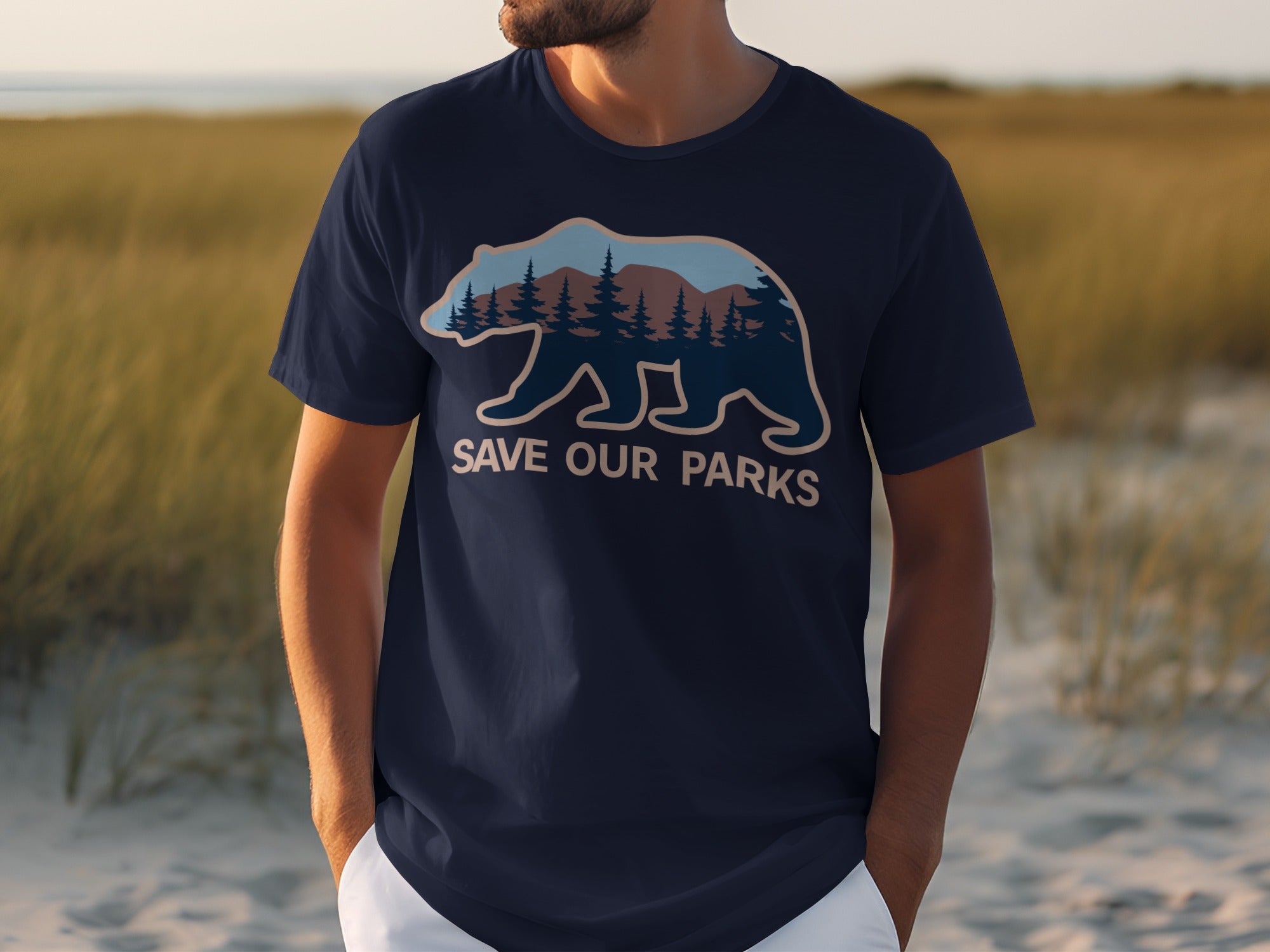 Navy t-shirt with a bear silhouette containing trees, mountains, and the text "SAVE OUR PARKS".