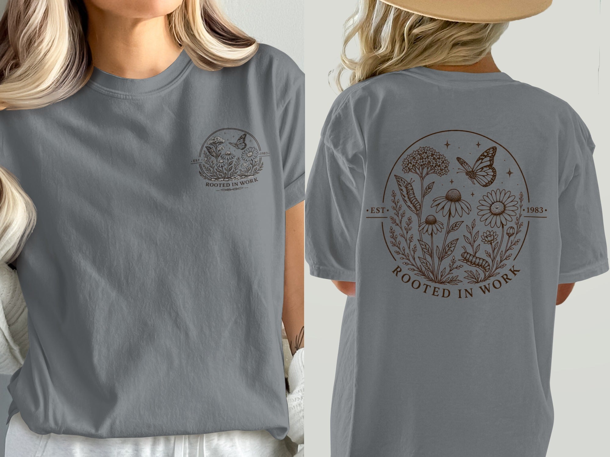 Gray t-shirt with floral and butterfly graphic, "Rooted in Work" text.