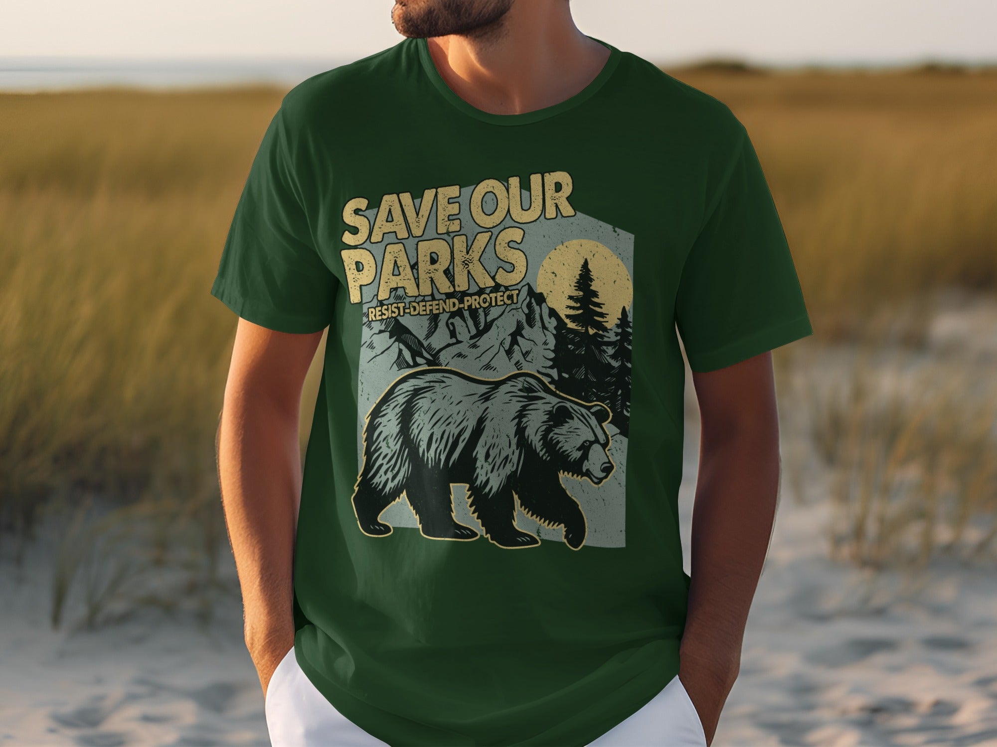 Green t-shirt with "Save Our Parks" slogan, mountains, trees, and a bear graphic.