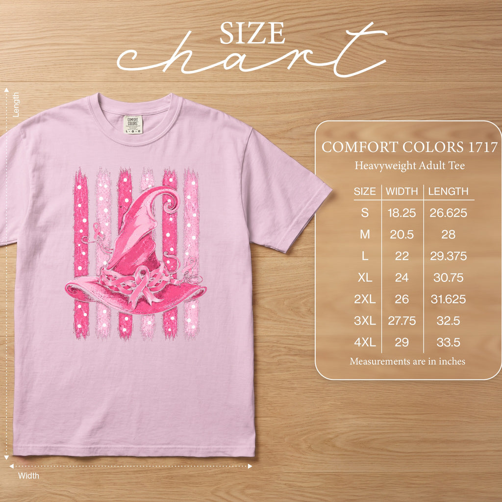 Pink Comfort Colors t-shirt with witch hat graphic and size chart.