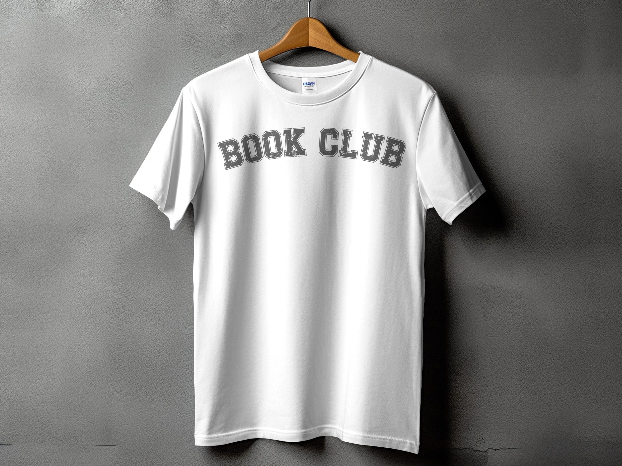White t-shirt with "BOOK CLUB" text in grey collegiate font