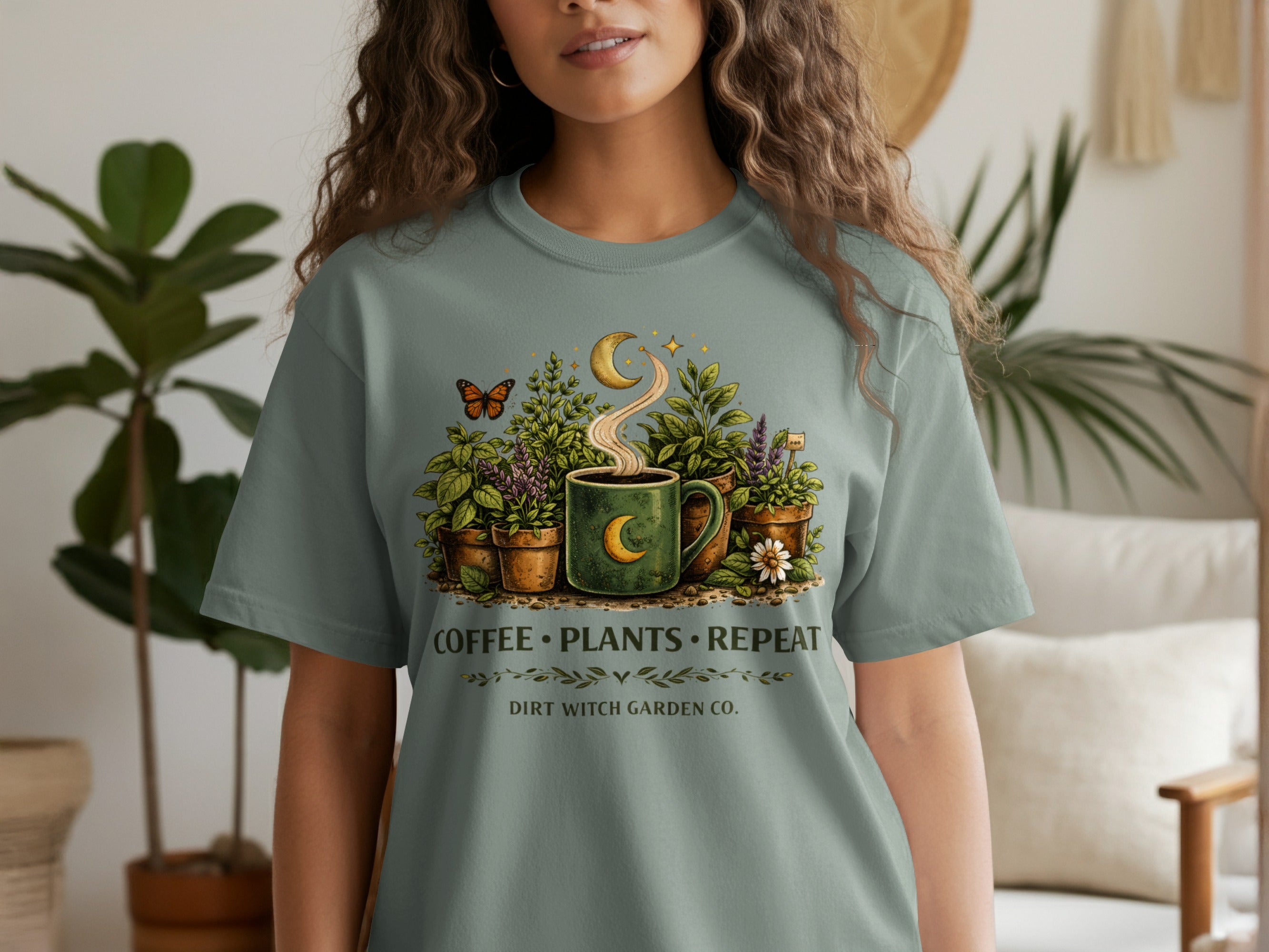 Green t-shirt graphic with coffee cup, plants, moon, and "Coffee Plants Repeat" text.