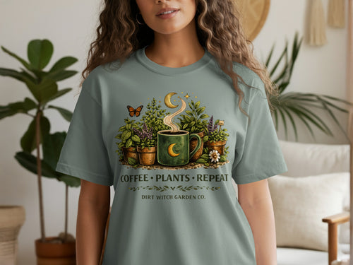 Green t-shirt graphic with coffee cup, plants, moon, and "Coffee Plants Repeat" text.