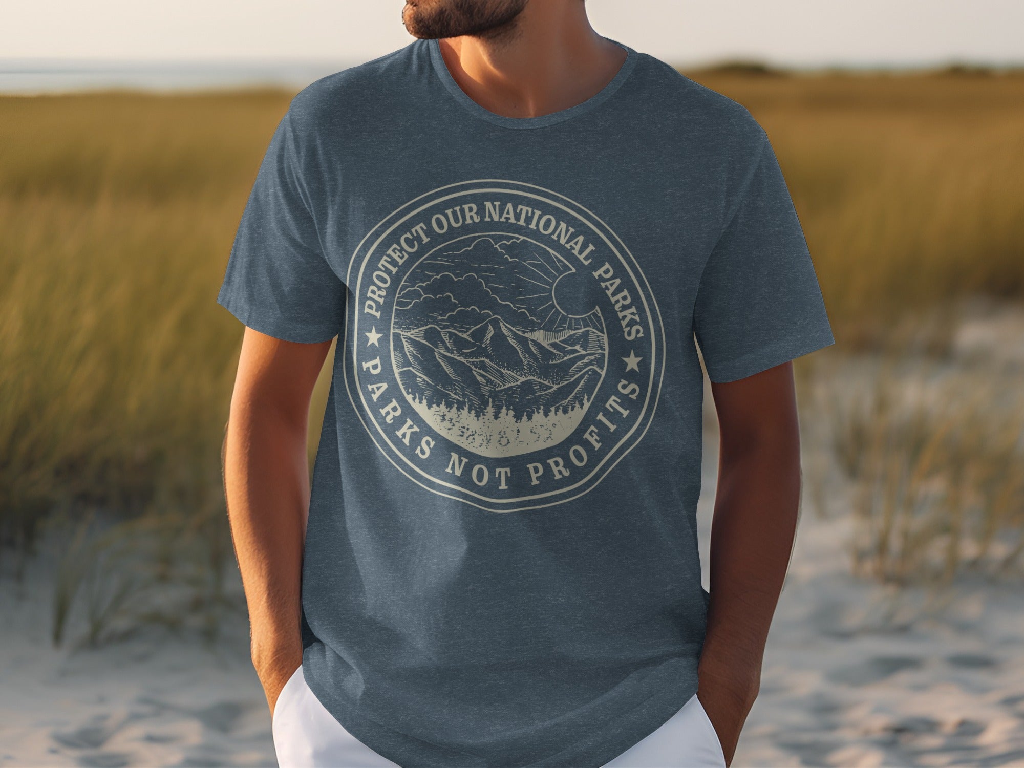 T-shirt with circular graphic: PROTECT OUR NATIONAL PARKS PARKS NOT PROFITS.