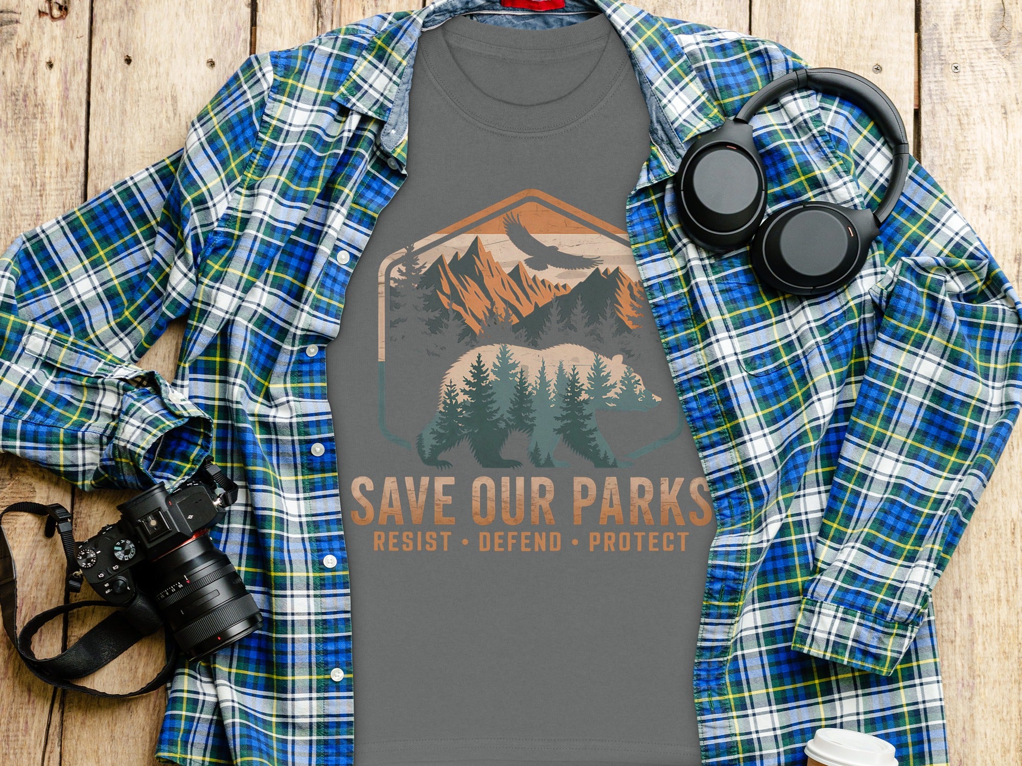 Gray t-shirt with "Save Our Parks" text and bear, mountains, and eagle graphic.