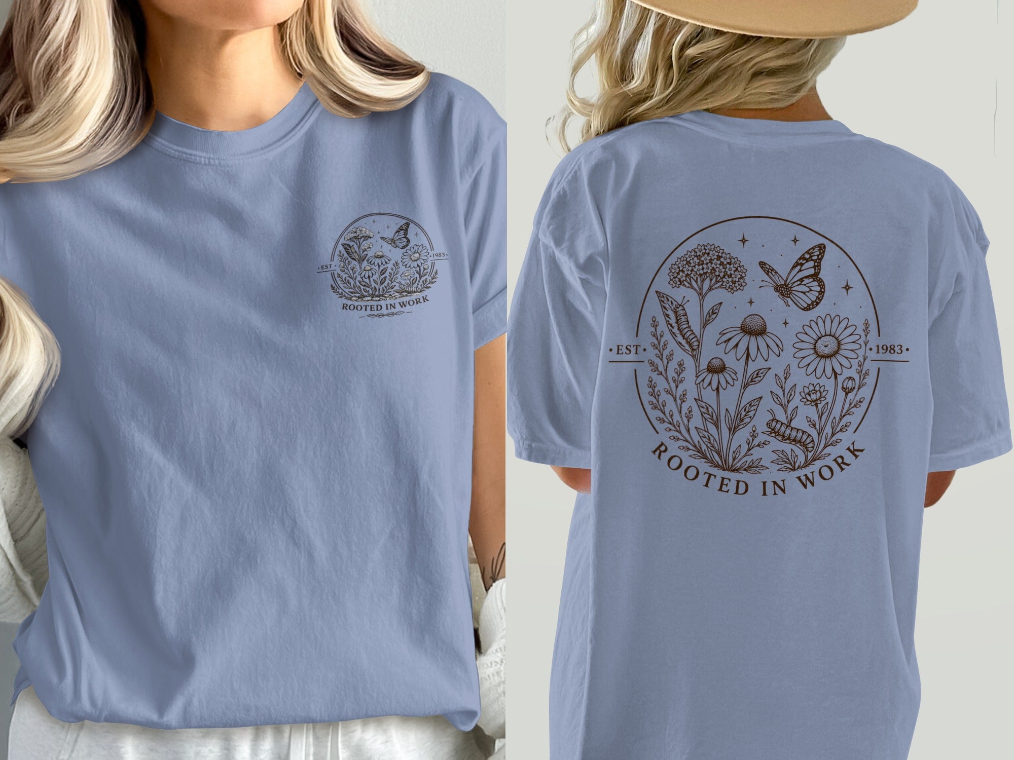 Periwinkle t-shirt with circular nature graphic and text "Rooted in Work".