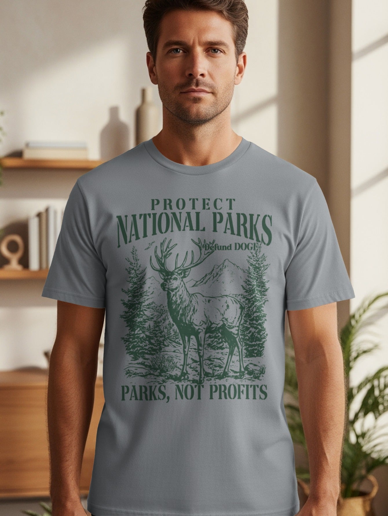 T-shirt with "PROTECT NATIONAL PARKS, NOT PROFITS" text and deer illustration.