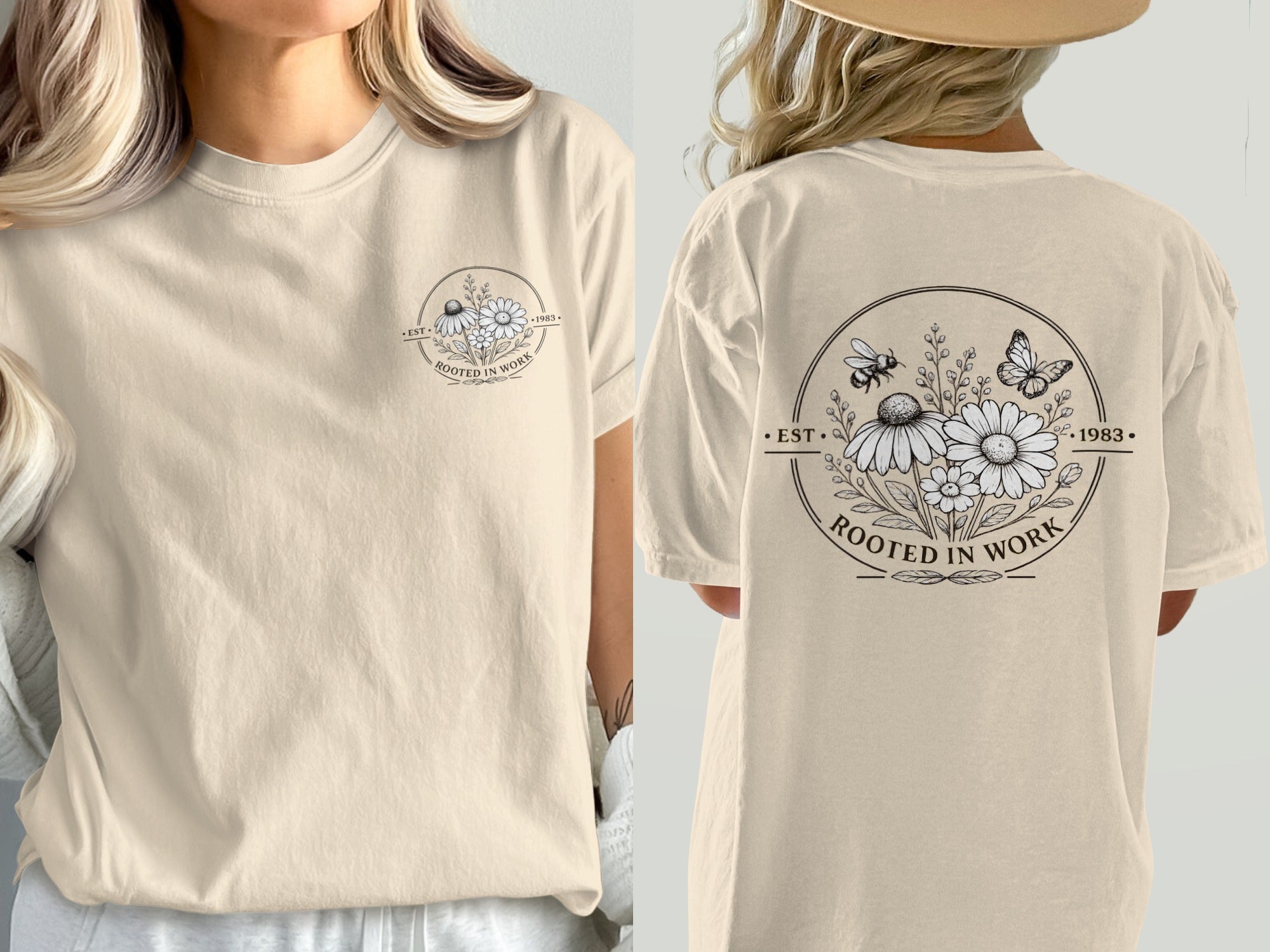 Cream t-shirt with floral emblem and text "Rooted in Work EST. 1983".