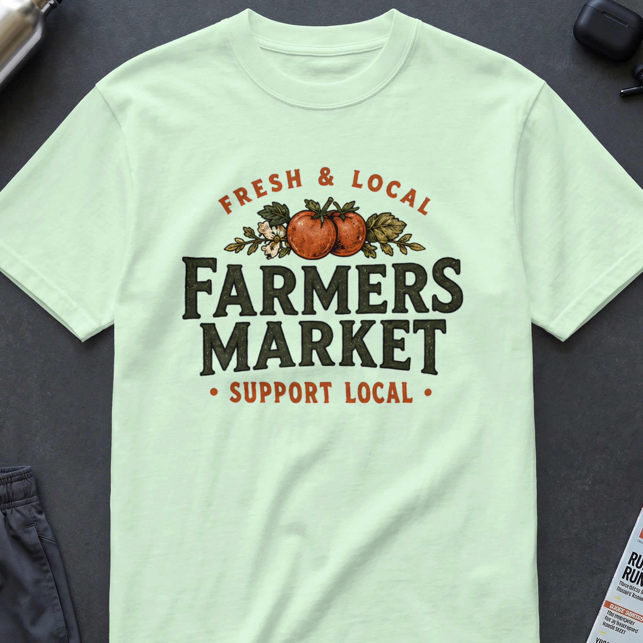 Farmers Market graphic tee with tomatoes and "Support Local" text.