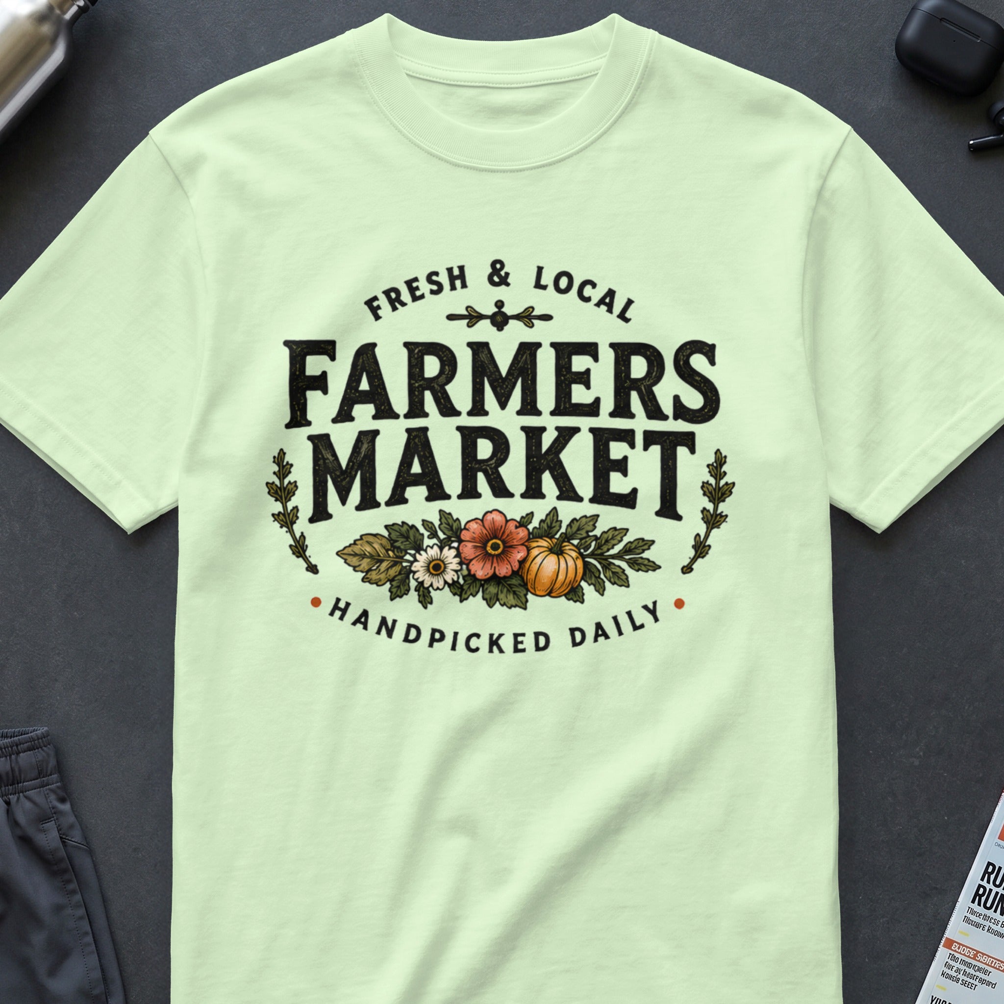 Light green t-shirt with "Fresh & Local Farmers Market Handpicked Daily" text and graphics.