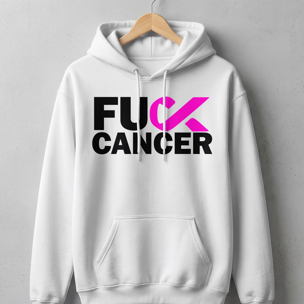 White hoodie with black and pink text "FUCK CANCER".
