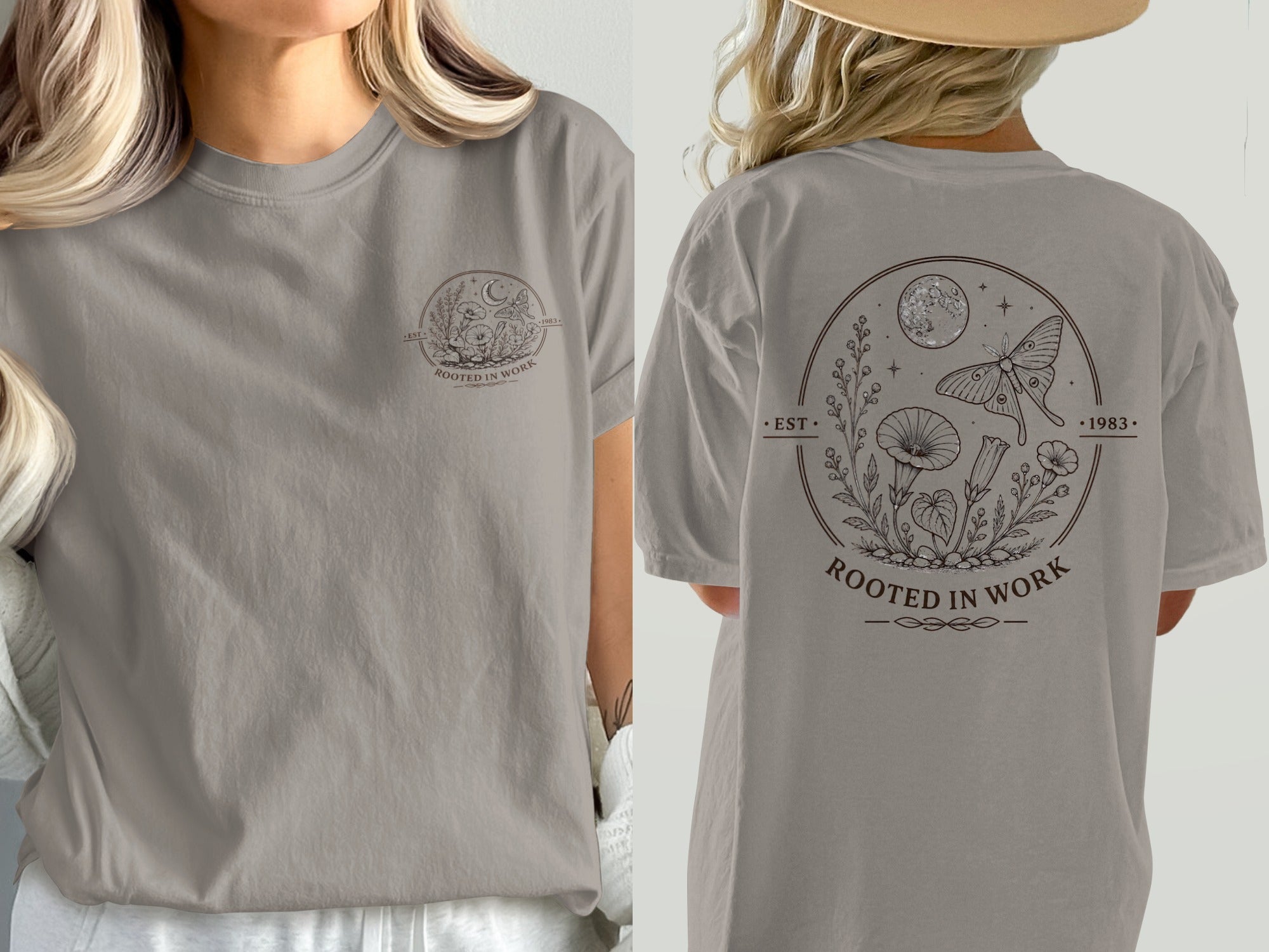 Taupe t-shirt with circular moon, moth, and floral graphic saying "Rooted in Work."