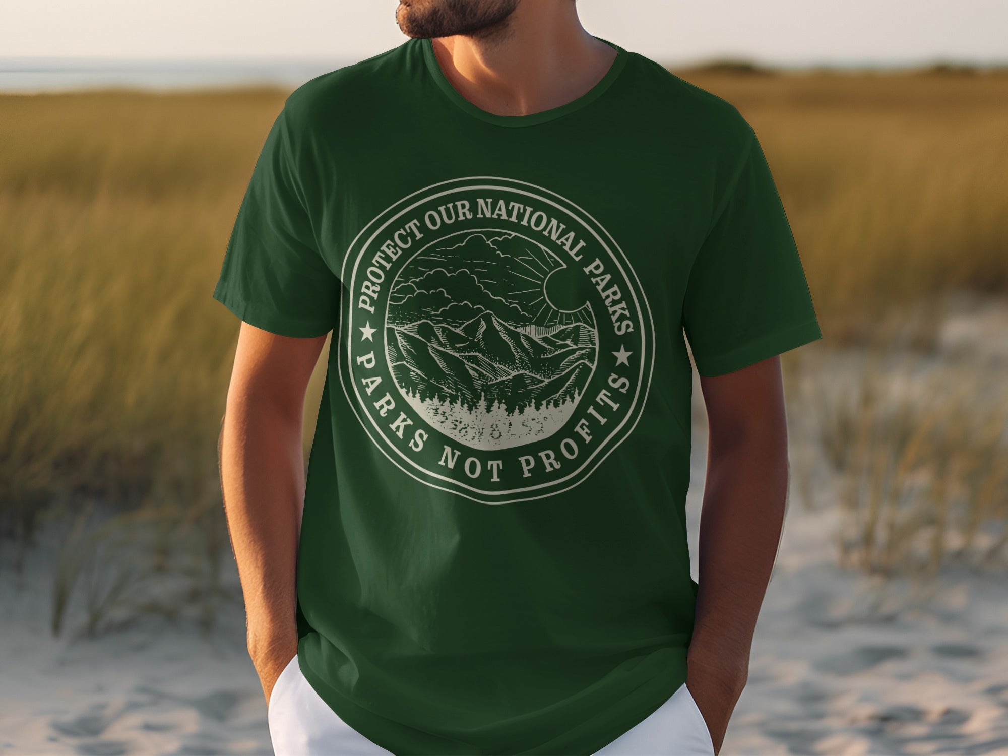 Green t-shirt with a circular design saying "Protect Our National Parks, Parks Not Profits".