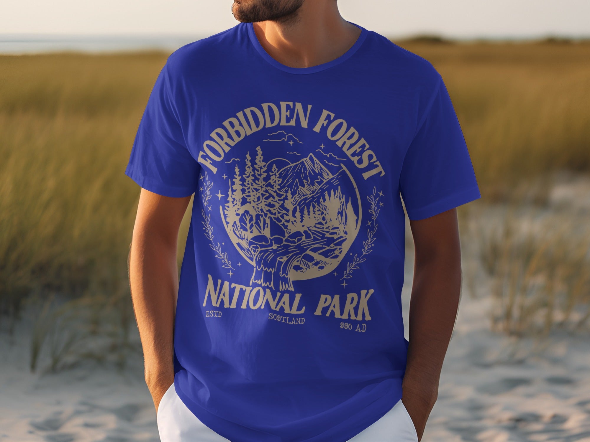 Royal blue t-shirt with "Forbidden Forest National Park Scotland 890 AD" graphic.