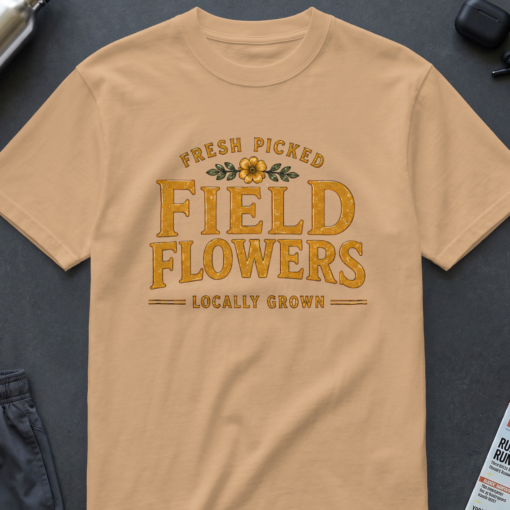 Peach t-shirt with "Fresh Picked Field Flowers Locally Grown" graphic.