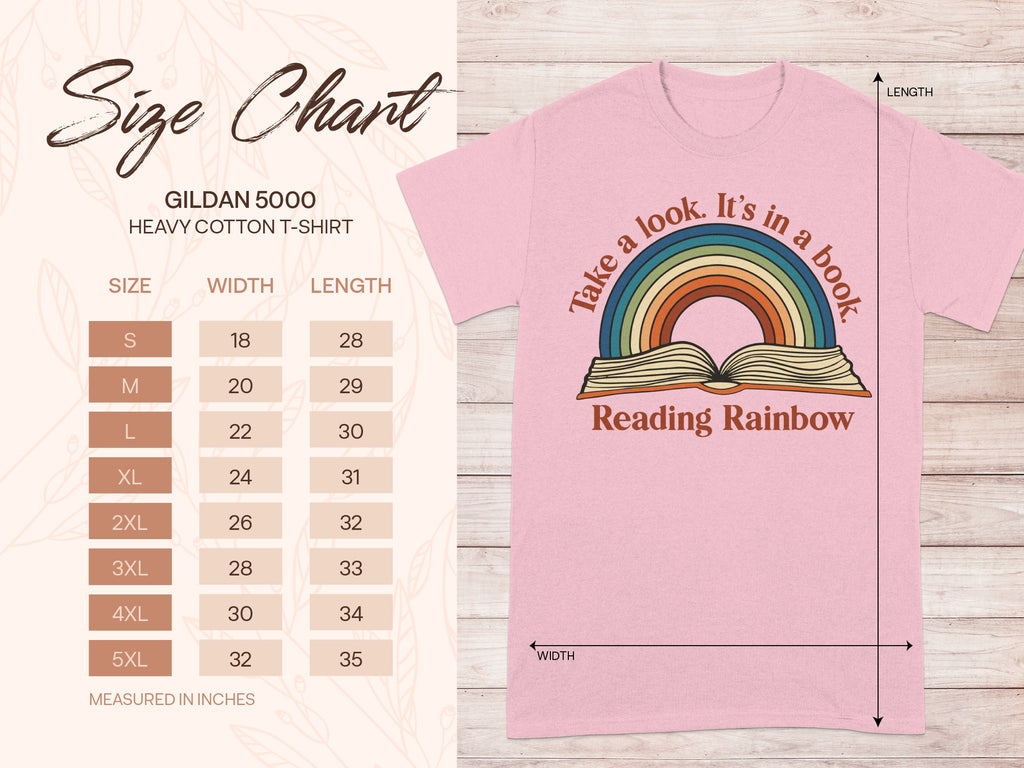 Gildan 5000 heavy cotton t-shirt size chart with "Take a look. It's in a book" graphic.