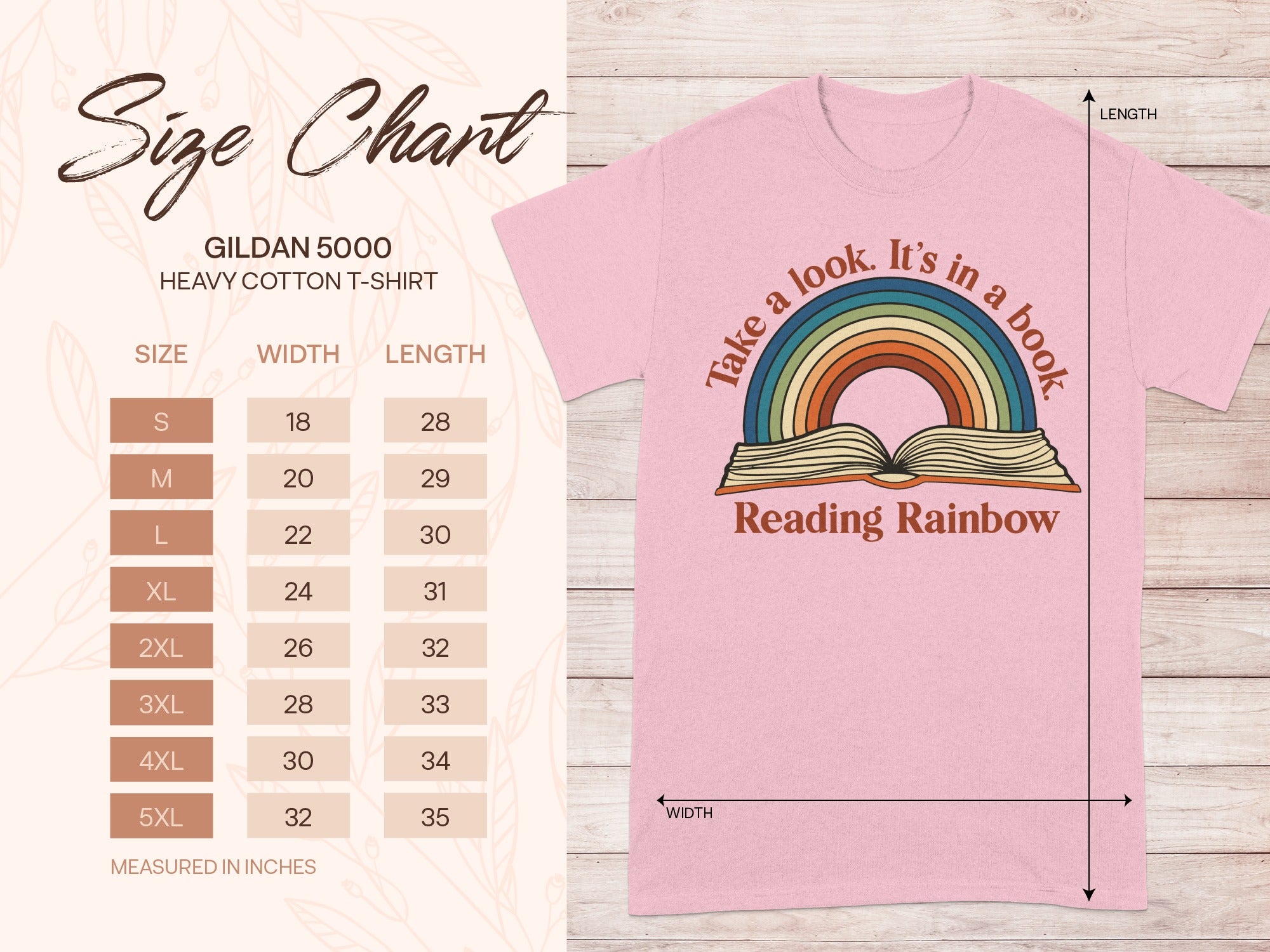 Gildan 5000 heavy cotton t-shirt size chart with "Take a look. It's in a book" graphic.