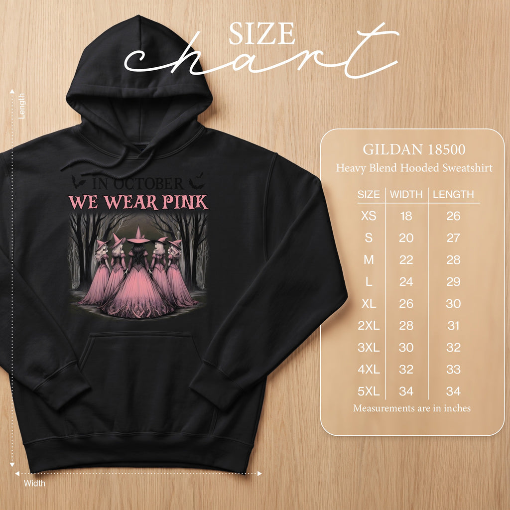 Black Gildan 18500 hooded sweatshirt with "In October We Wear Pink" graphic and size chart.