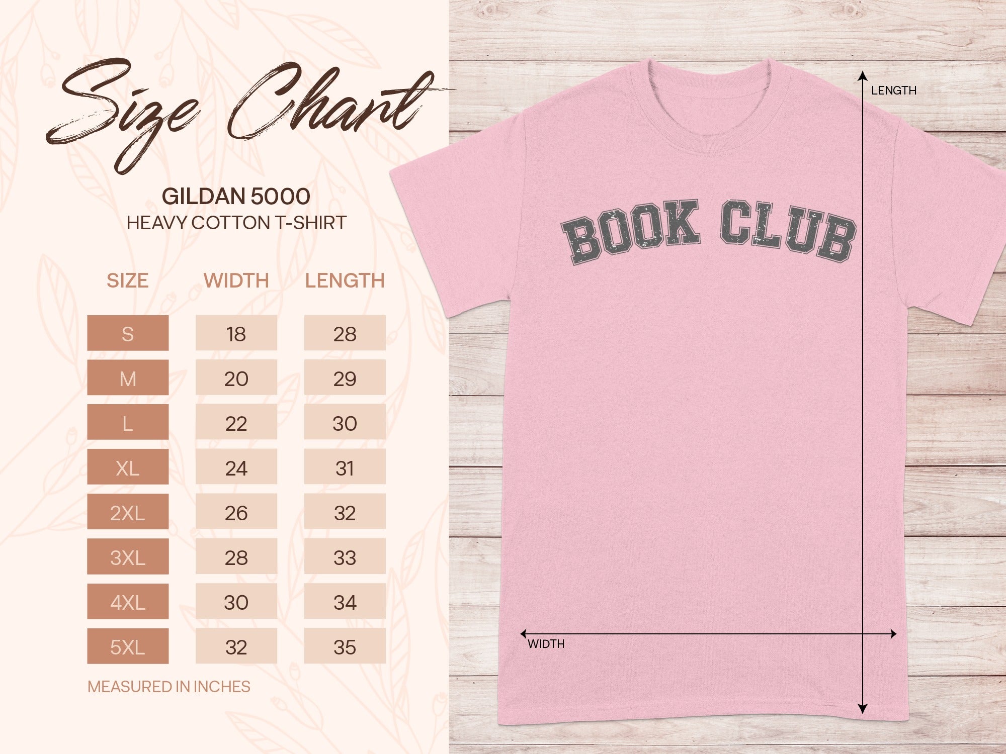 Gildan 5000 Heavy Cotton T-Shirt size chart with width and length measurements for sizes S-5XL.